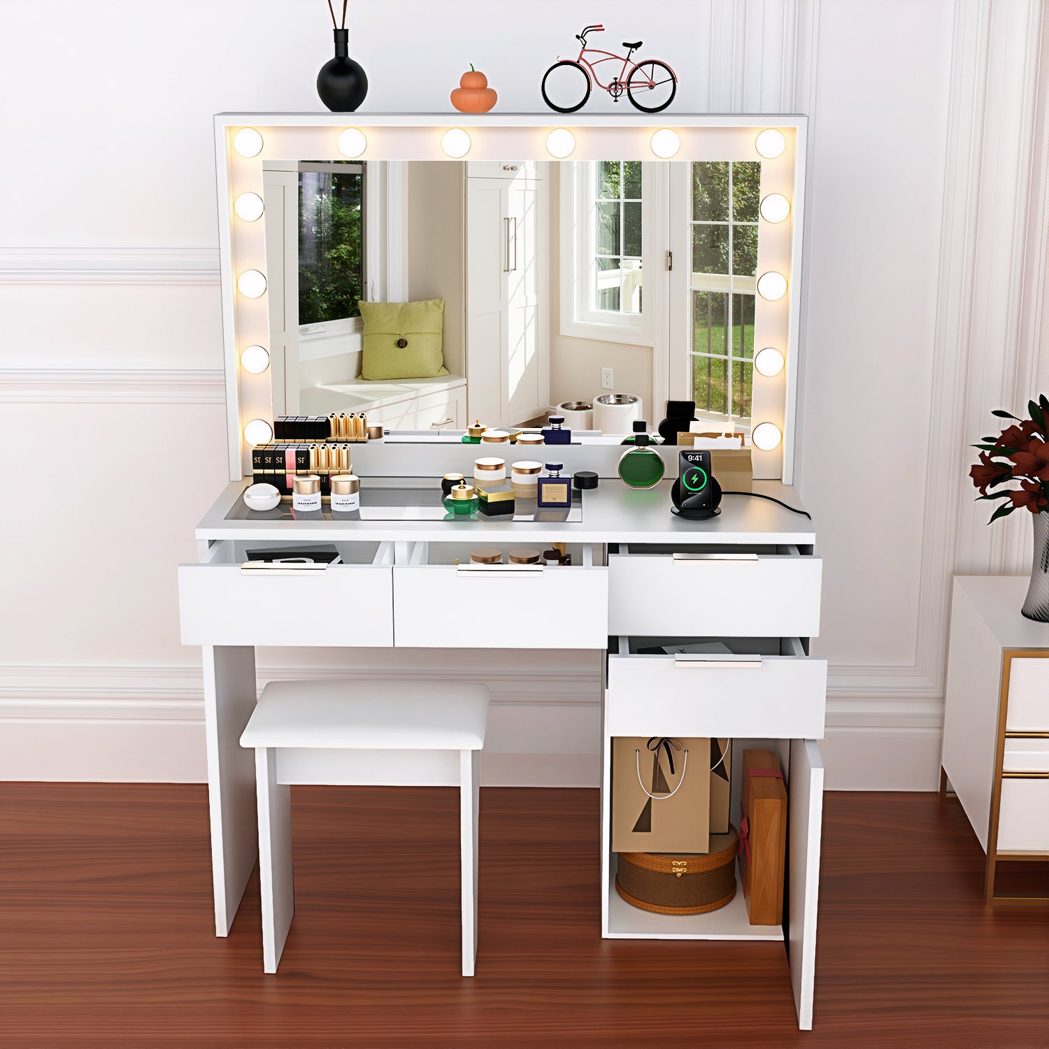OYAJIA LED Vanity Dressing Table with Mirror, 5 Drawers, Glass Top, Charging Station and Stool