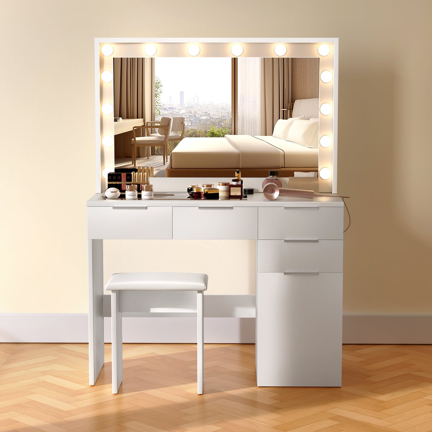OYAJIA LED Vanity Dressing Table with Mirror, 5 Drawers, Glass Top, Charging Station and Stool