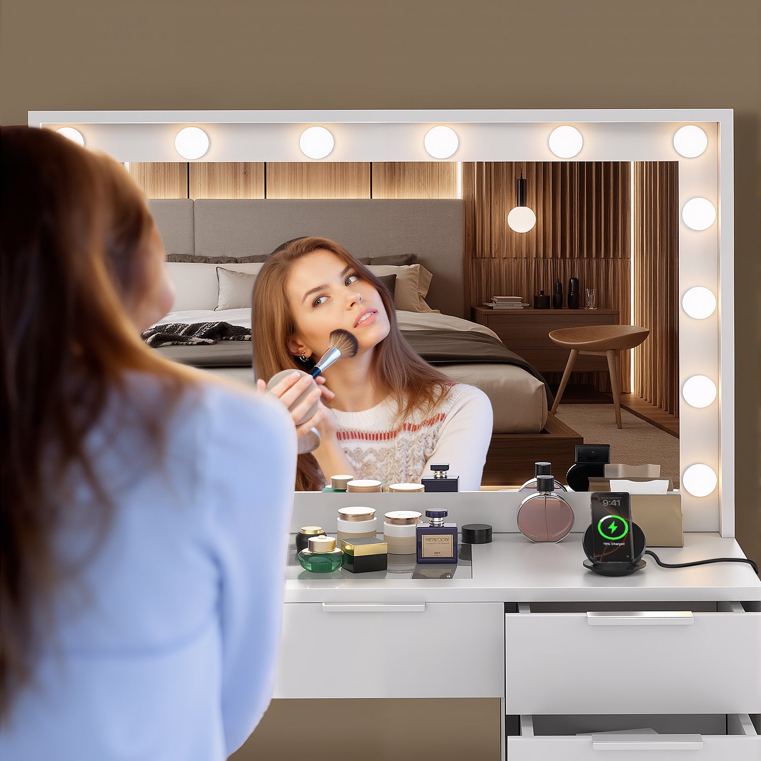 OYAJIA LED Vanity Dressing Table with Mirror, 5 Drawers, Glass Top, Charging Station and Stool