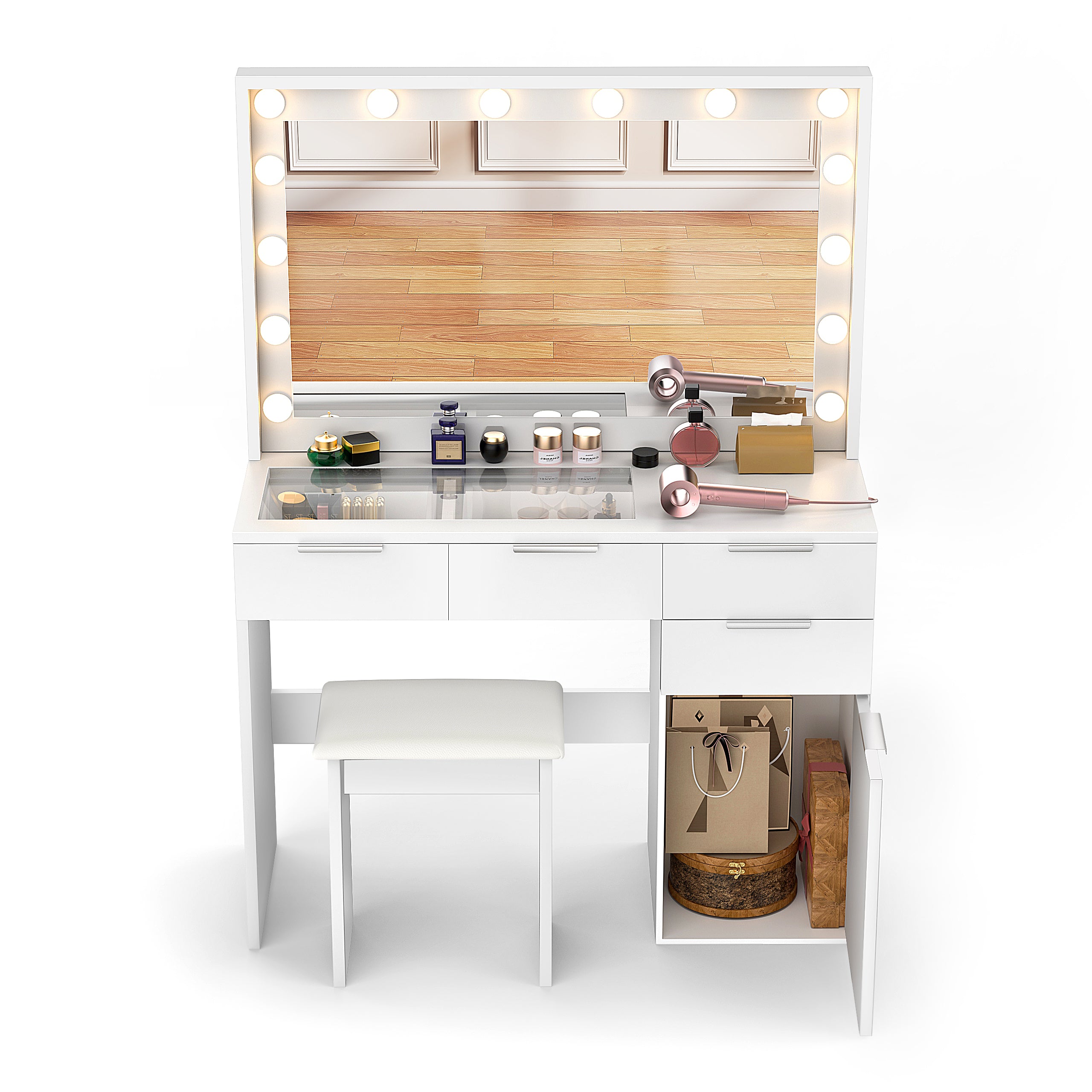 OYAJIA LED Vanity Dressing Table with Mirror, 5 Drawers, Glass Top, Charging Station and Stool