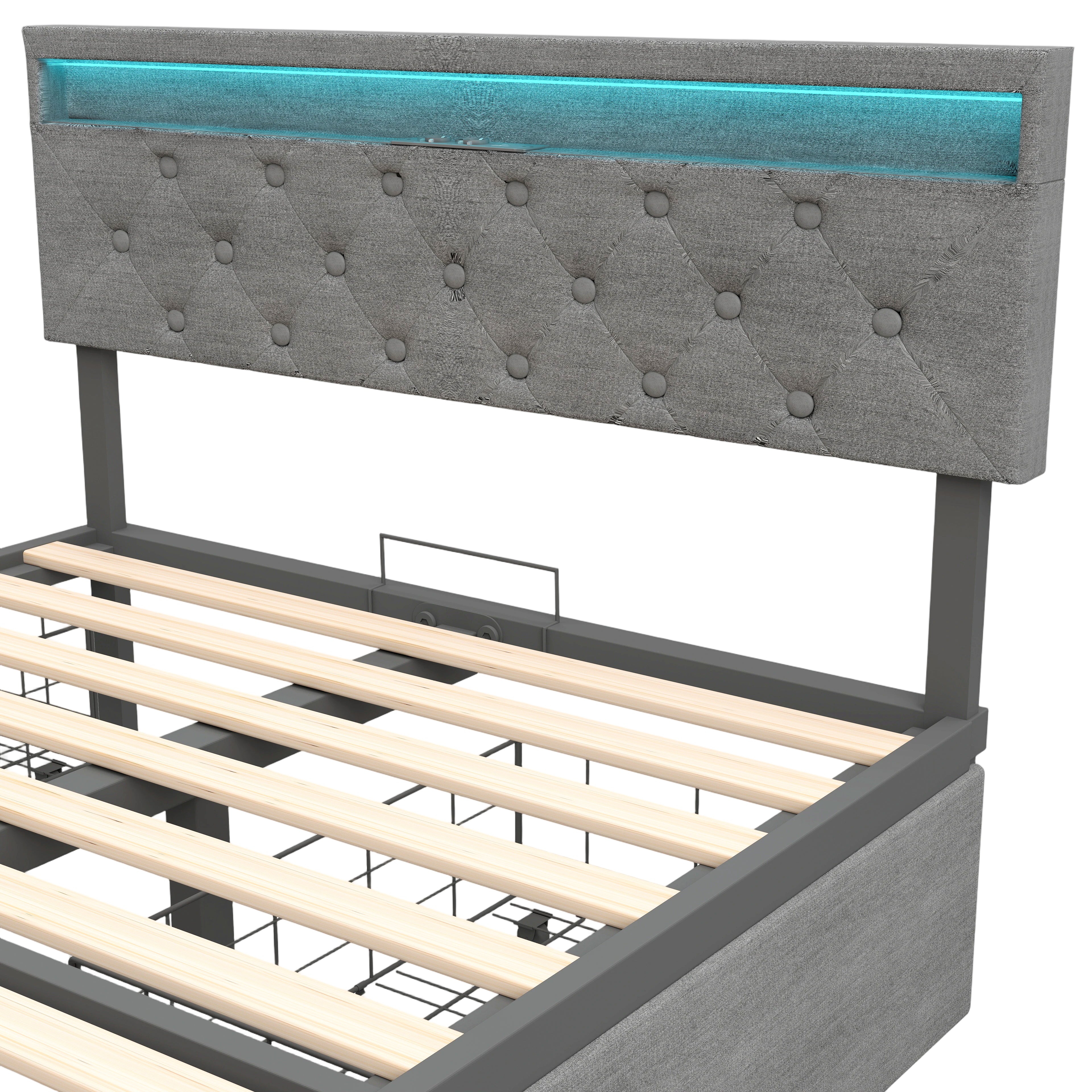OYAJIA Upholstered Storage Bed 140x200 cm with RGB LED, 4 Drawers and Charging Station