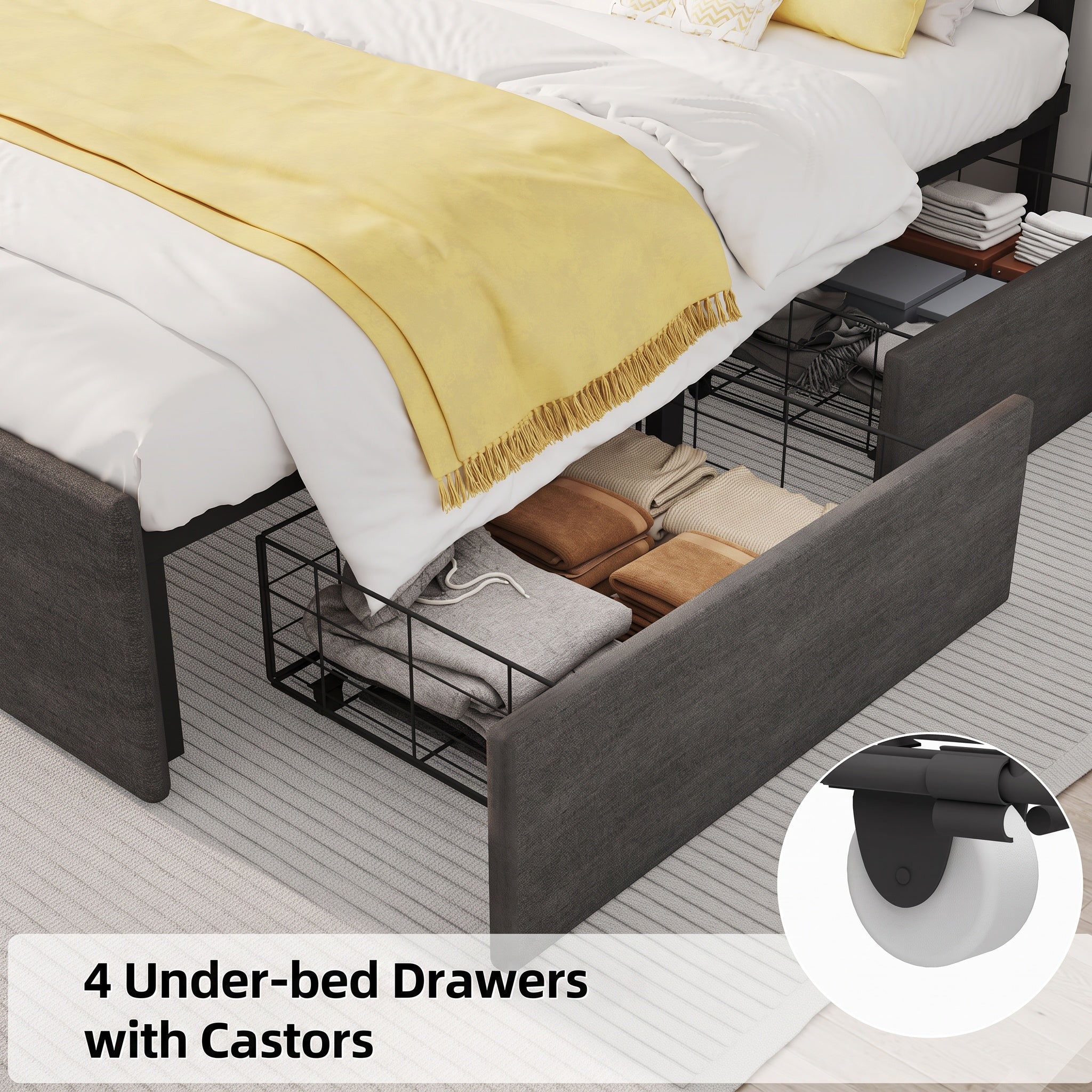 OYAJIA Upholstered Storage Bed 140x200 cm with RGB LED, 4 Drawers and Charging Station