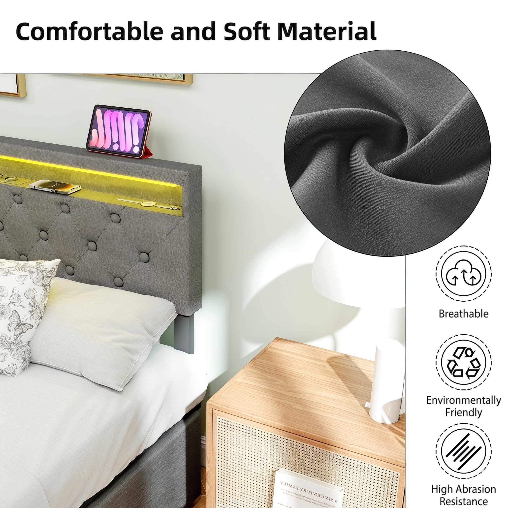 OYAJIA Upholstered Storage Bed 140x200 cm with RGB LED, 4 Drawers and Charging Station
