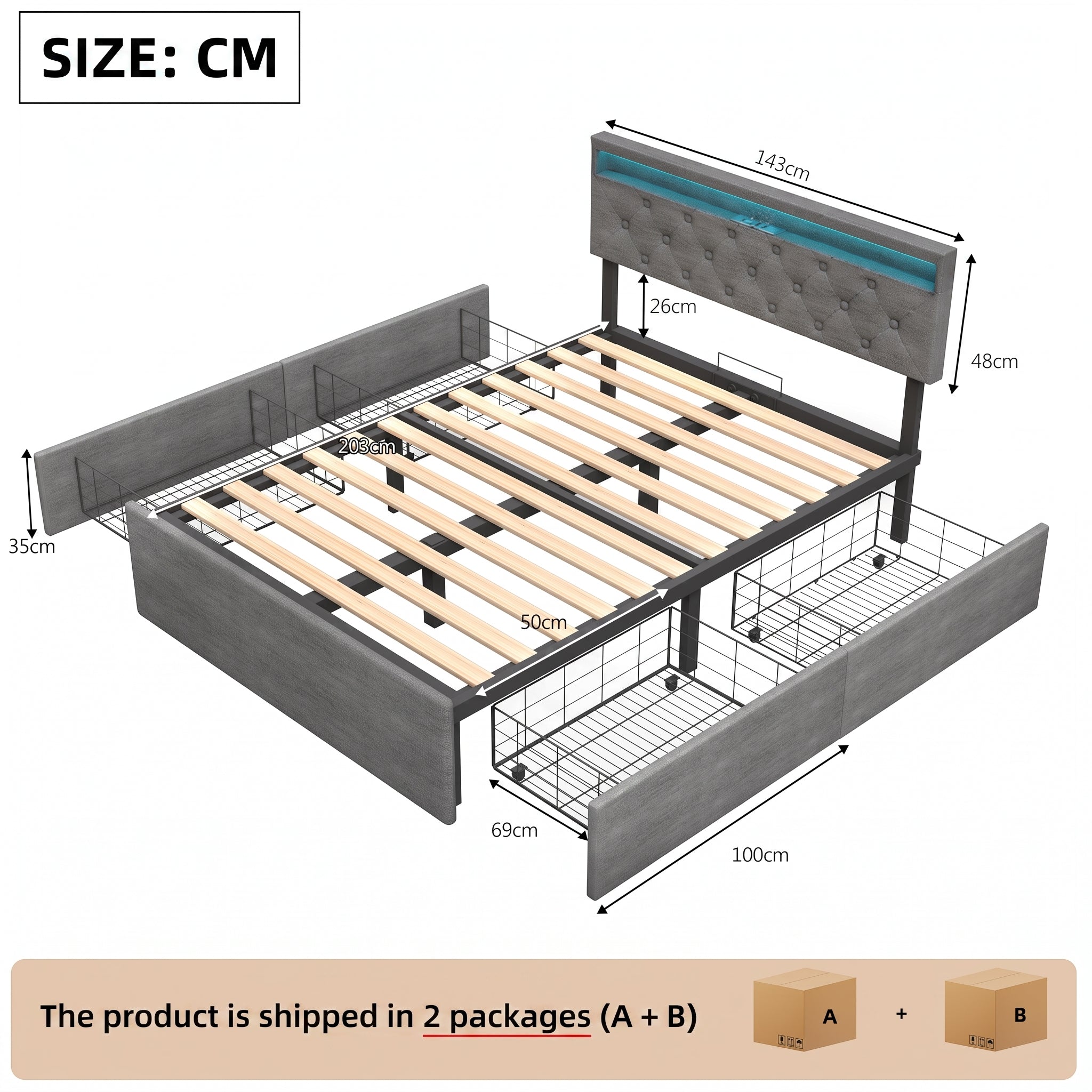 OYAJIA Upholstered Storage Bed 140x200 cm with RGB LED, 4 Drawers and Charging Station