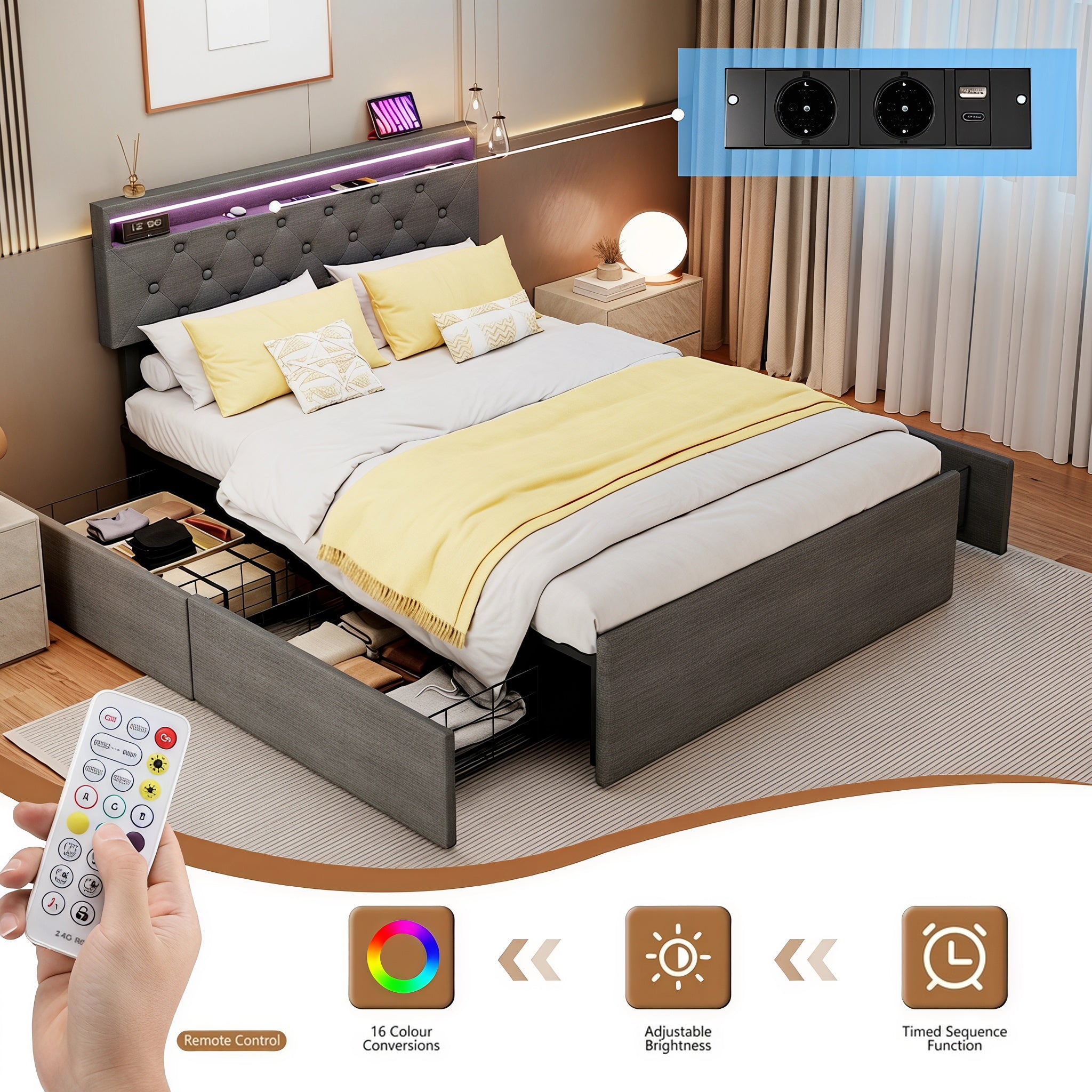 OYAJIA Upholstered Storage Bed 140x200 cm with RGB LED, 4 Drawers and Charging Station