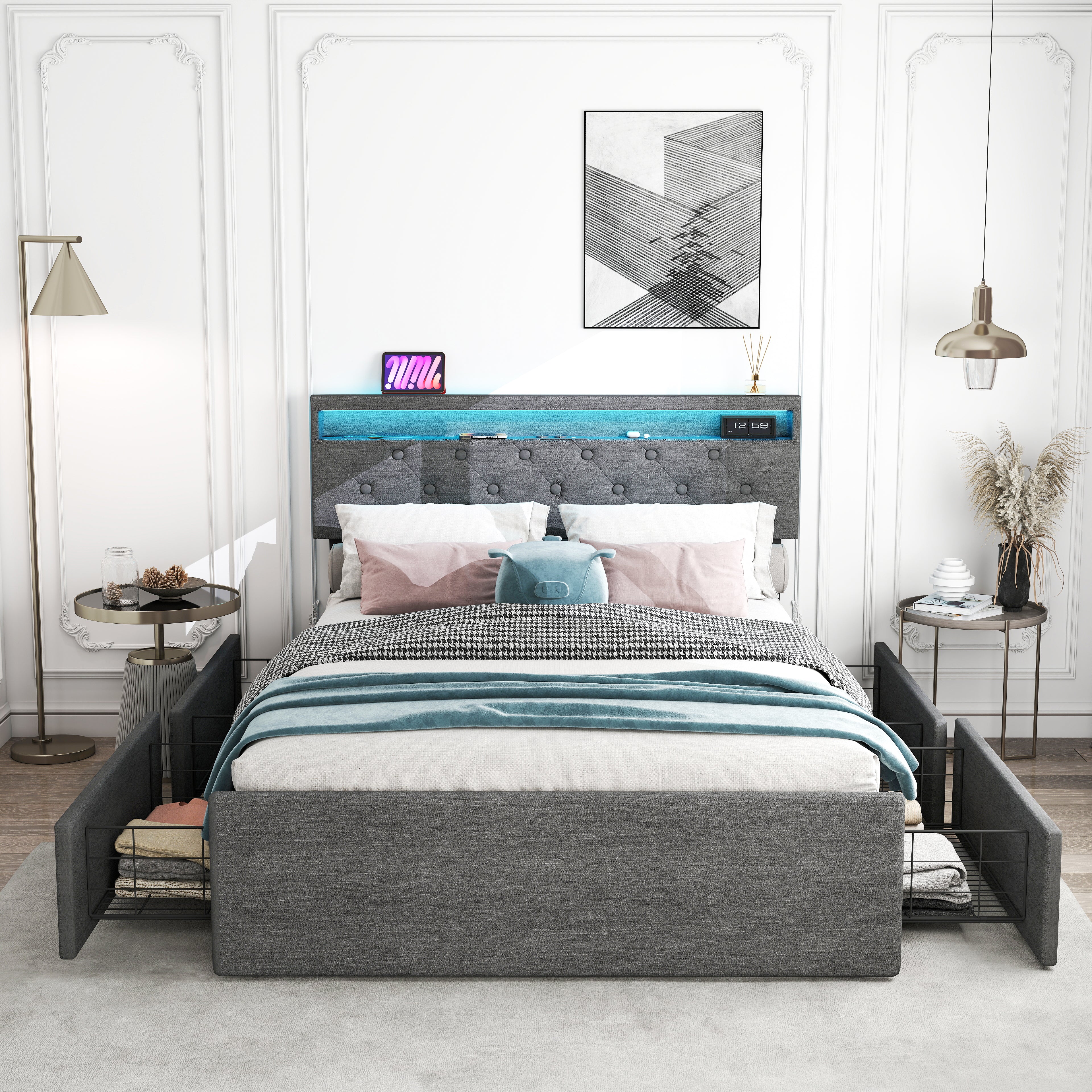 OYAJIA Upholstered Storage Bed 140x200 cm with RGB LED, 4 Drawers and Charging Station