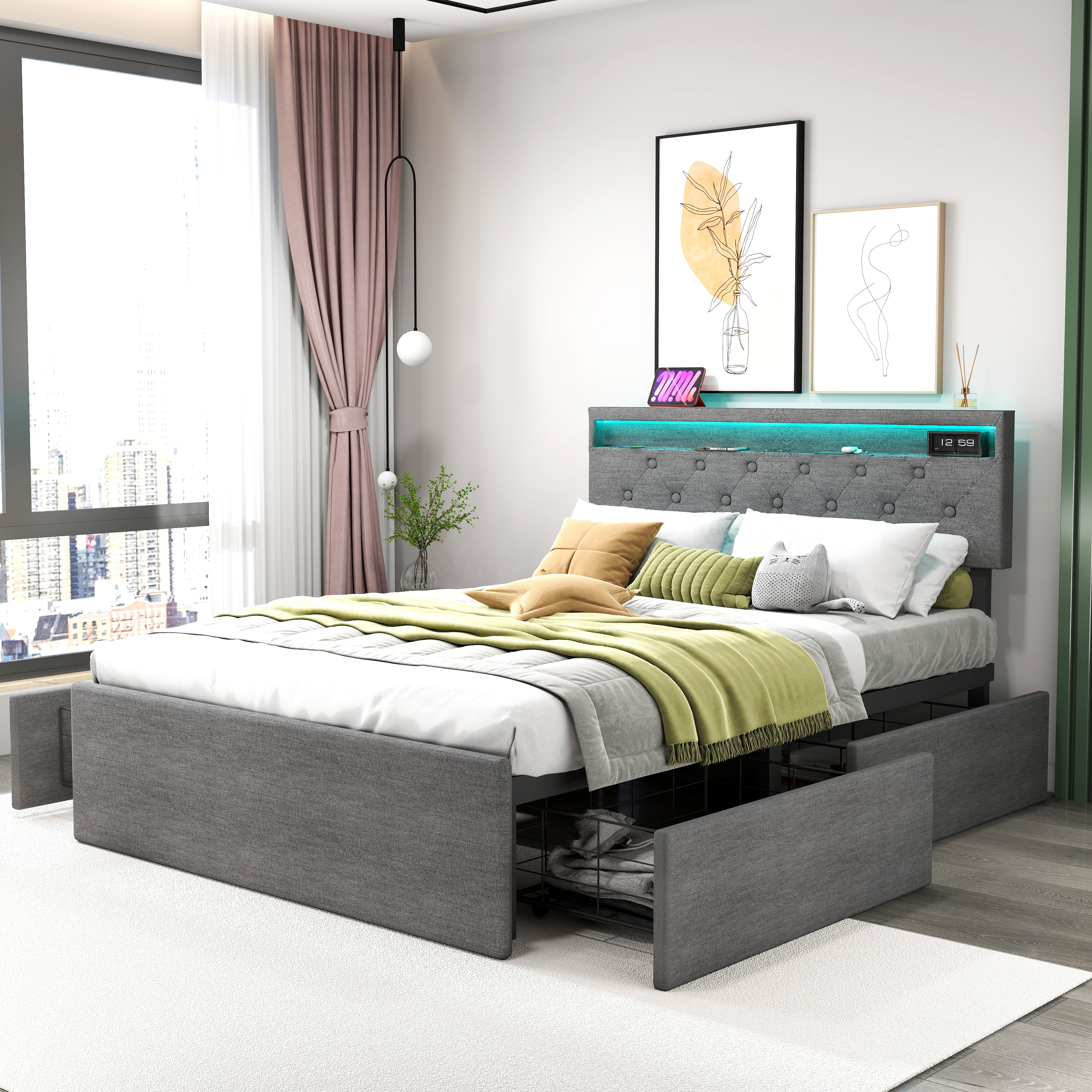 OYAJIA Upholstered Storage Bed 140x200 cm with RGB LED, 4 Drawers and Charging Station