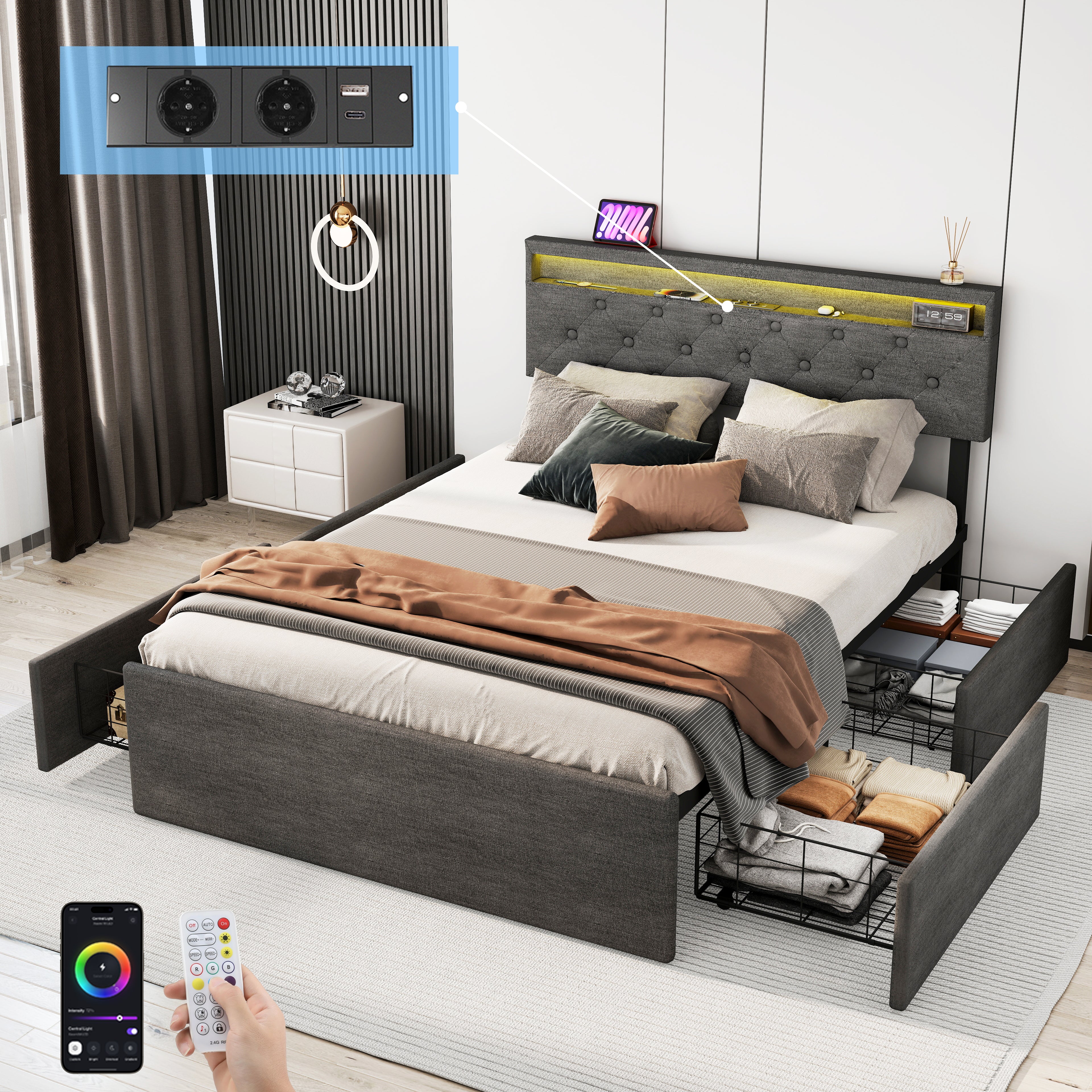 OYAJIA Upholstered Storage Bed 140x200 cm with RGB LED, 4 Drawers and Charging Station