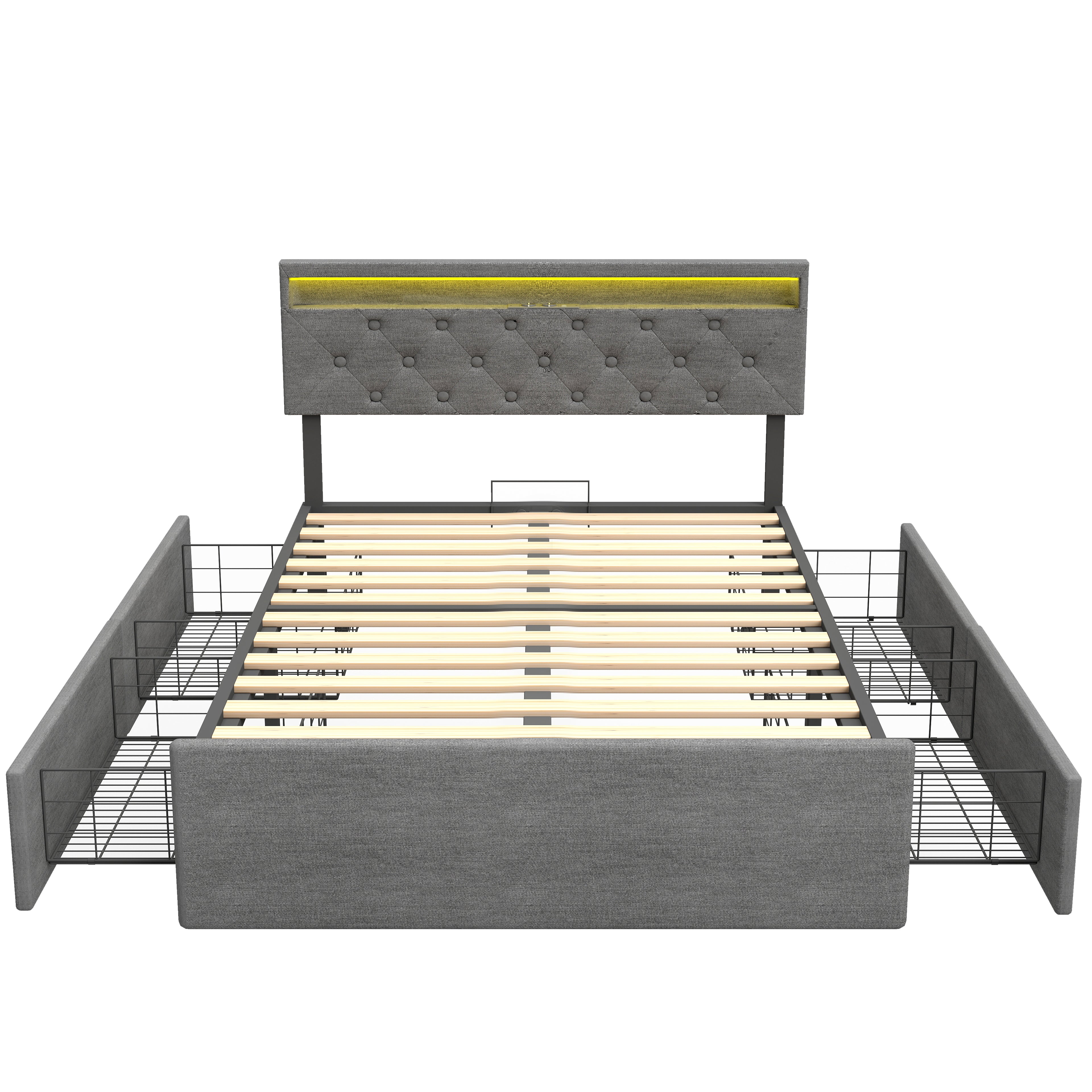 OYAJIA Upholstered Storage Bed 140x200 cm with RGB LED, 4 Drawers and Charging Station