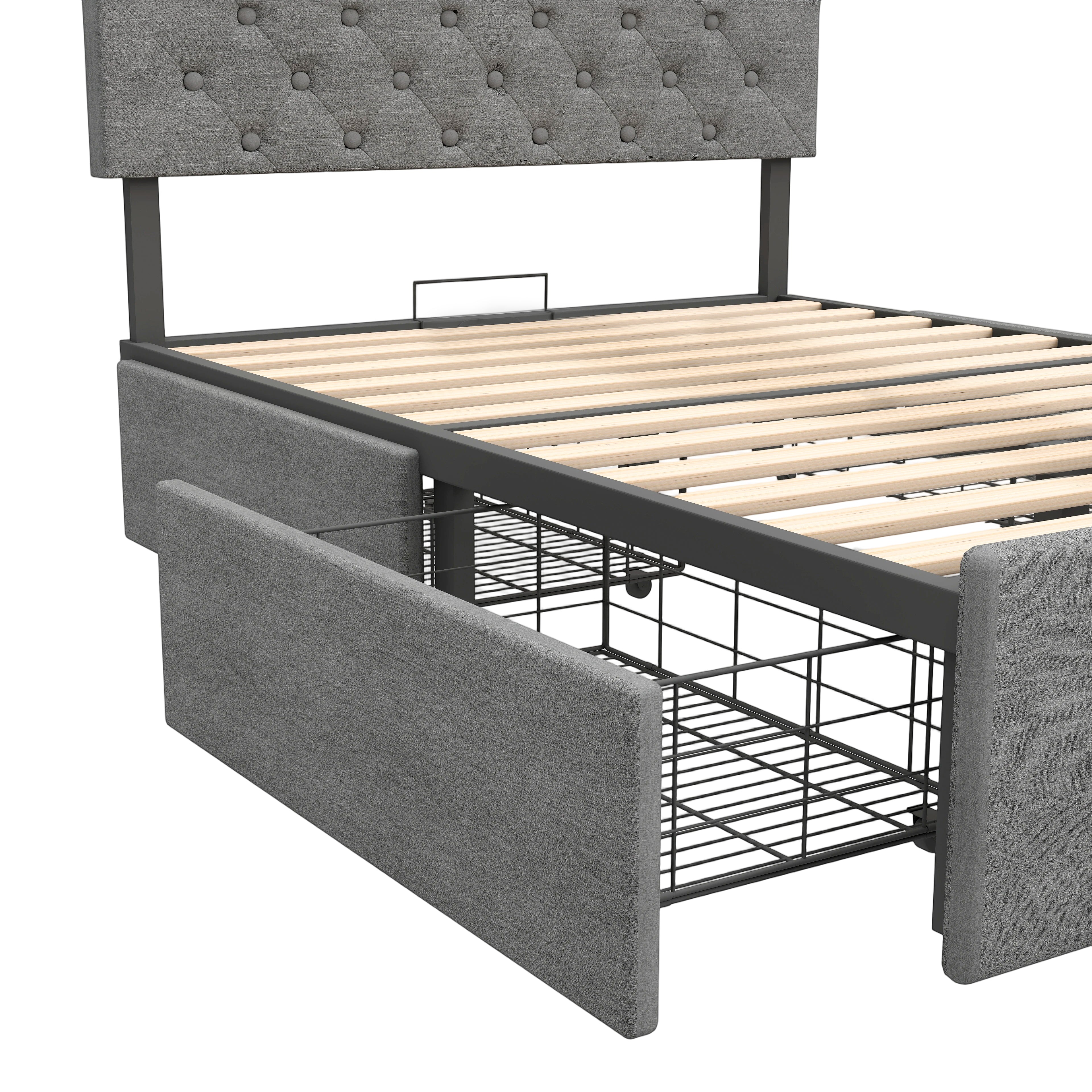 OYAJIA Upholstered Storage Bed 140x200 cm with RGB LED, 4 Drawers and Charging Station