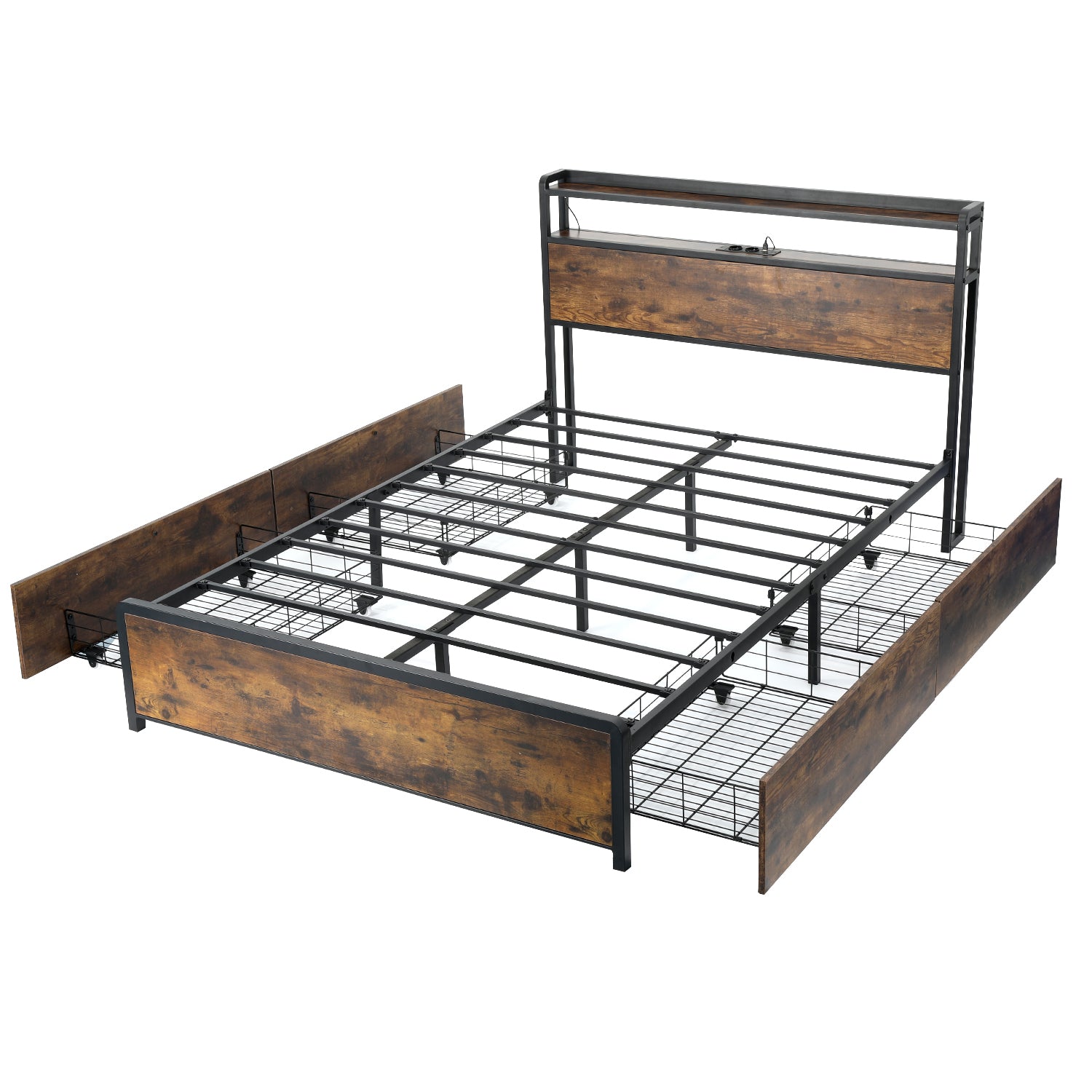OYAJIA Smart Metal Storage Bed 140x200 cm with RGB LED, Charging Station and 4 Drawers