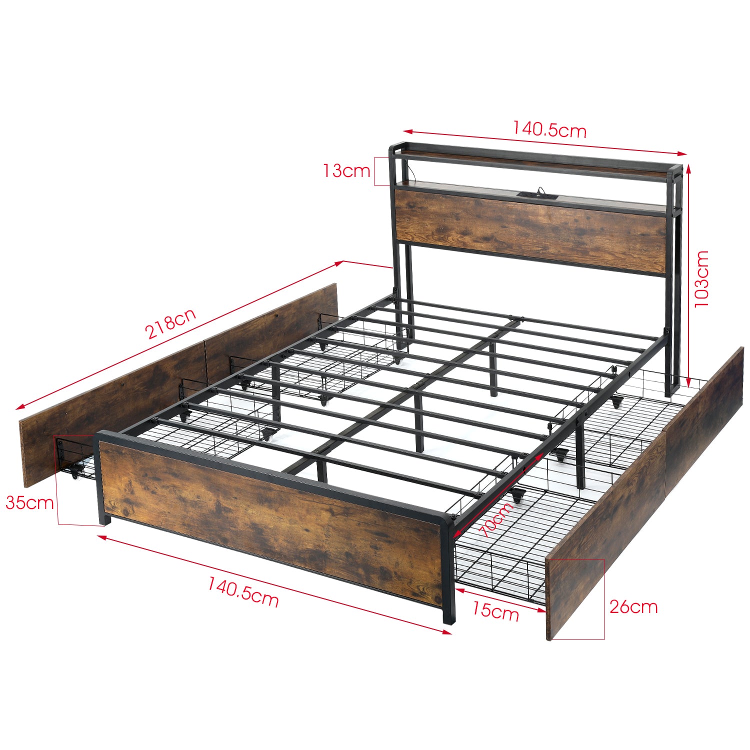 OYAJIA Smart Metal Storage Bed 140x200 cm with RGB LED, Charging Station and 4 Drawers