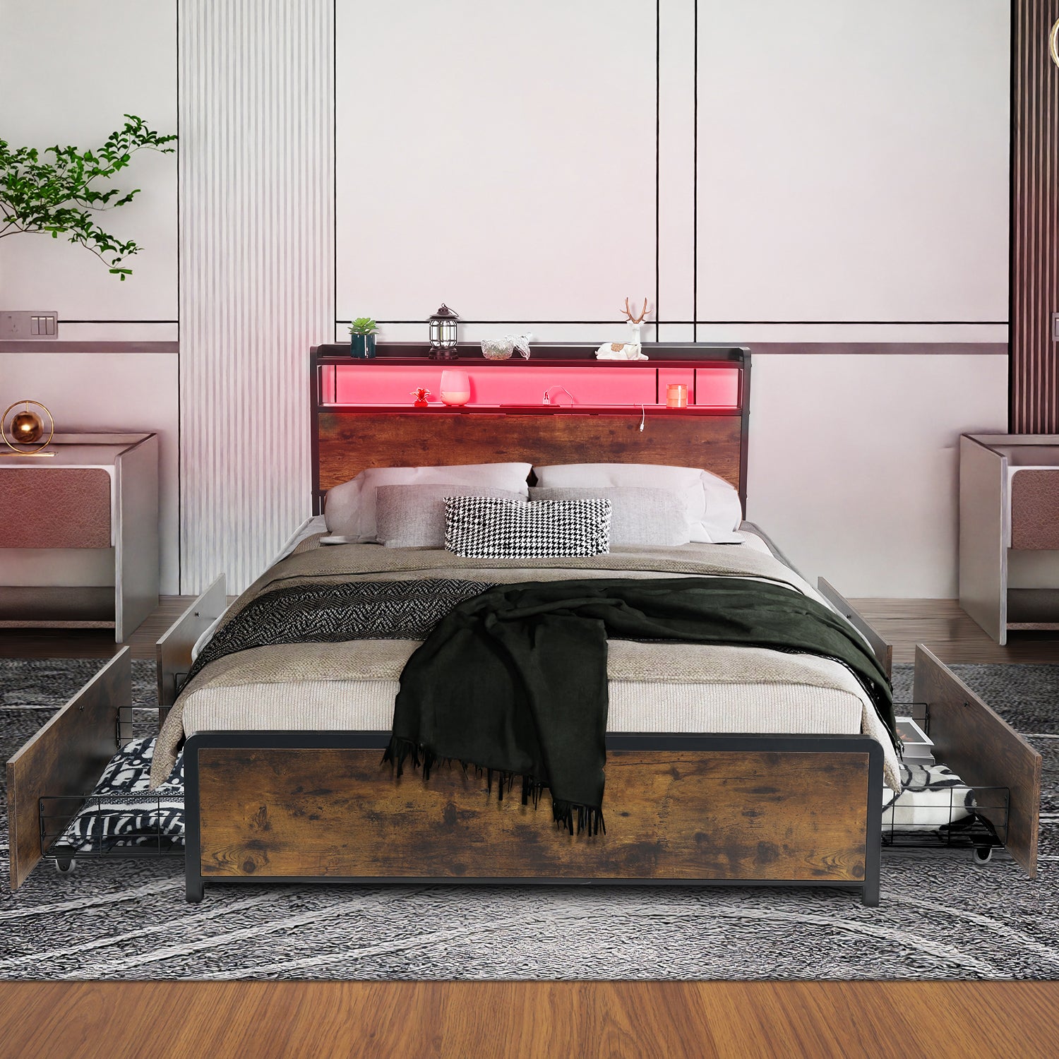 OYAJIA Smart Metal Storage Bed 140x200 cm with RGB LED, Charging Station and 4 Drawers