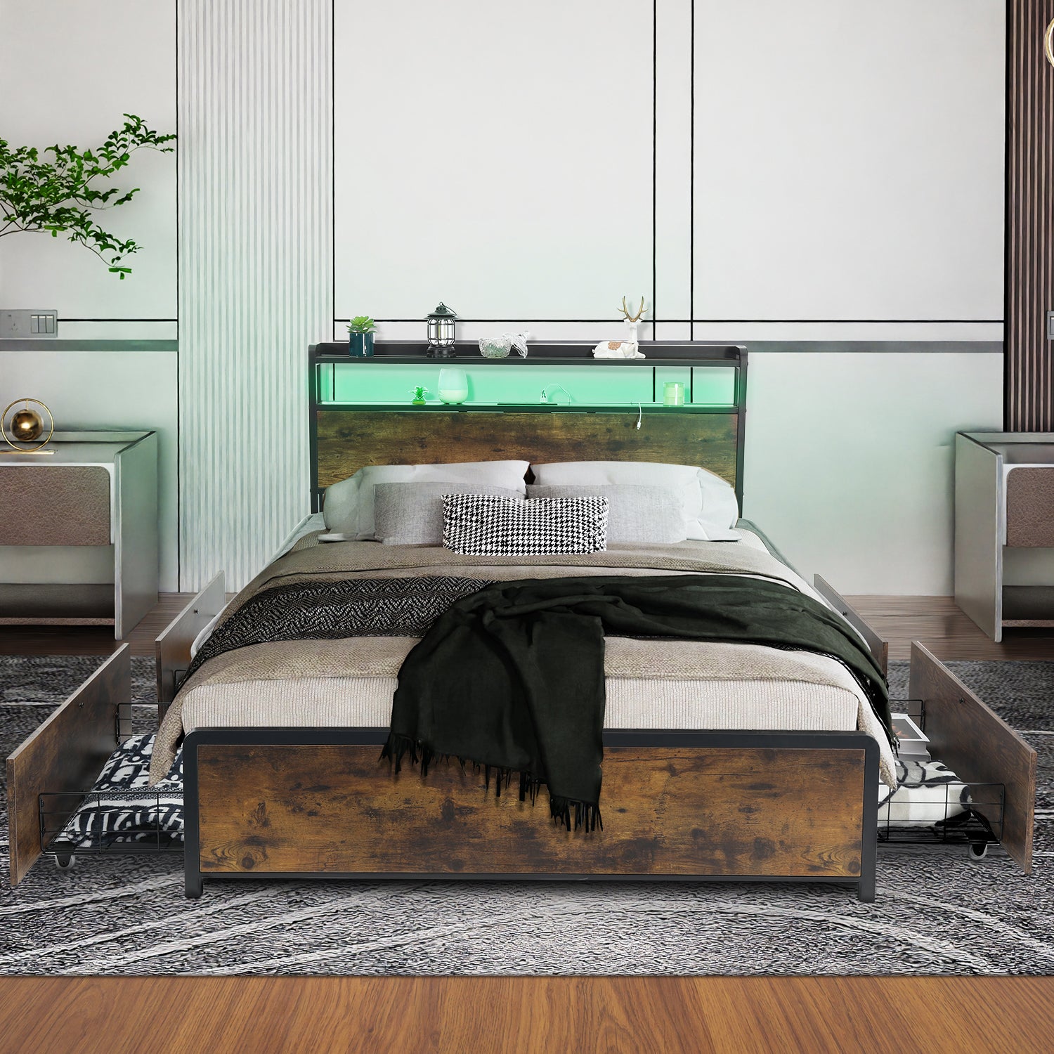 OYAJIA Smart Metal Storage Bed 140x200 cm with RGB LED, Charging Station and 4 Drawers