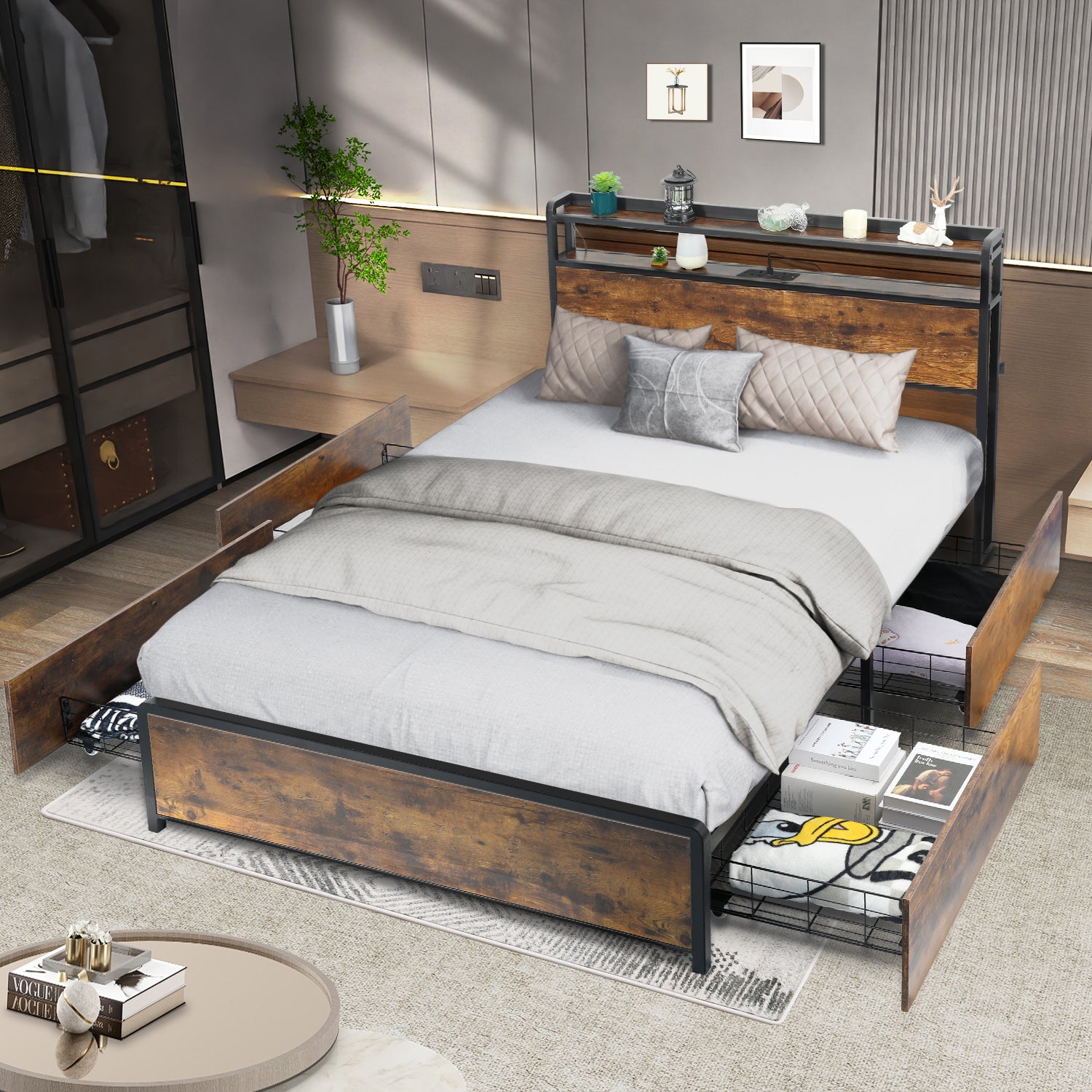 OYAJIA Smart Metal Storage Bed 140x200 cm with RGB LED, Charging Station and 4 Drawers