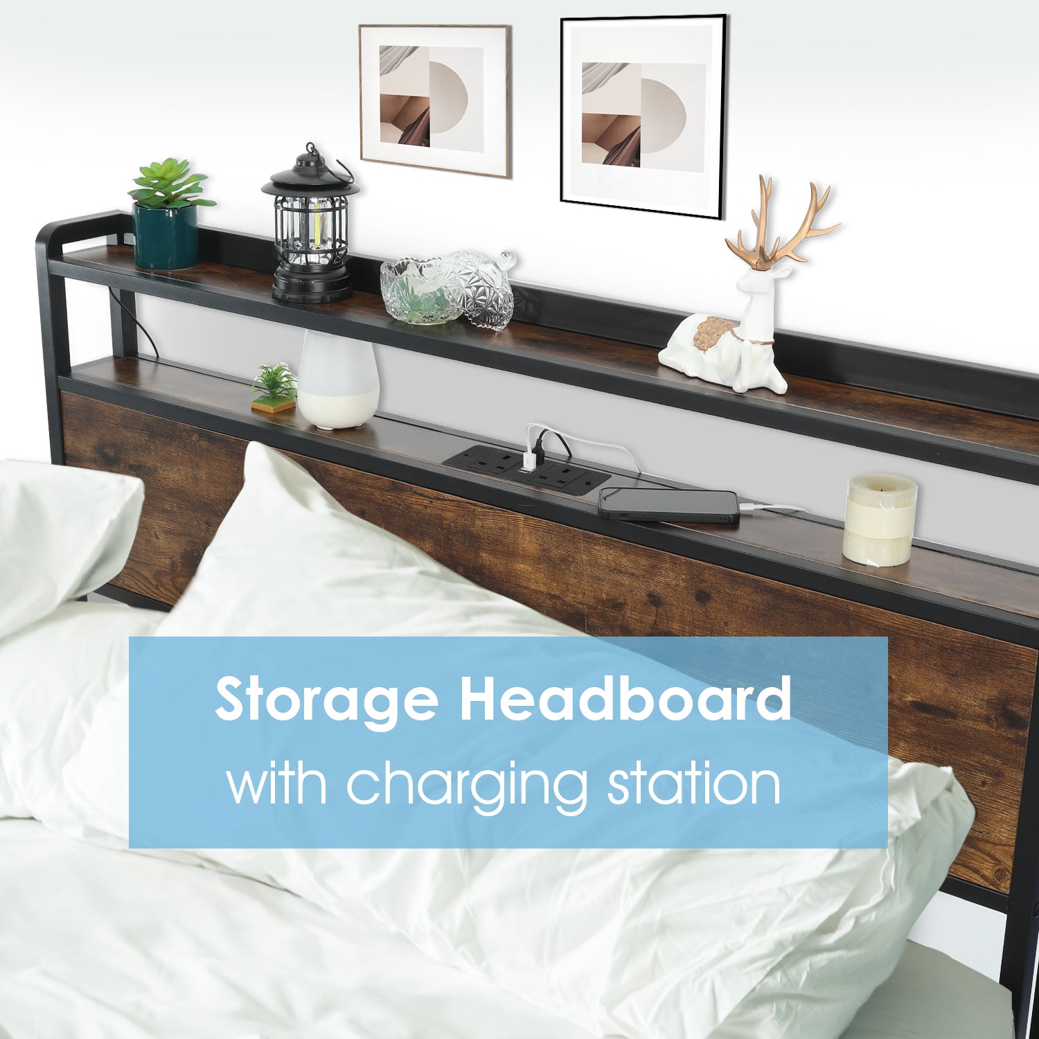 OYAJIA Smart Metal Storage Bed 140x200 cm with RGB LED, Charging Station and 4 Drawers