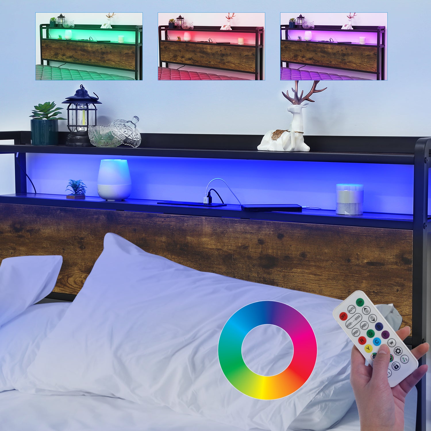 OYAJIA Smart Metal Storage Bed 140x200 cm with RGB LED, Charging Station and 4 Drawers