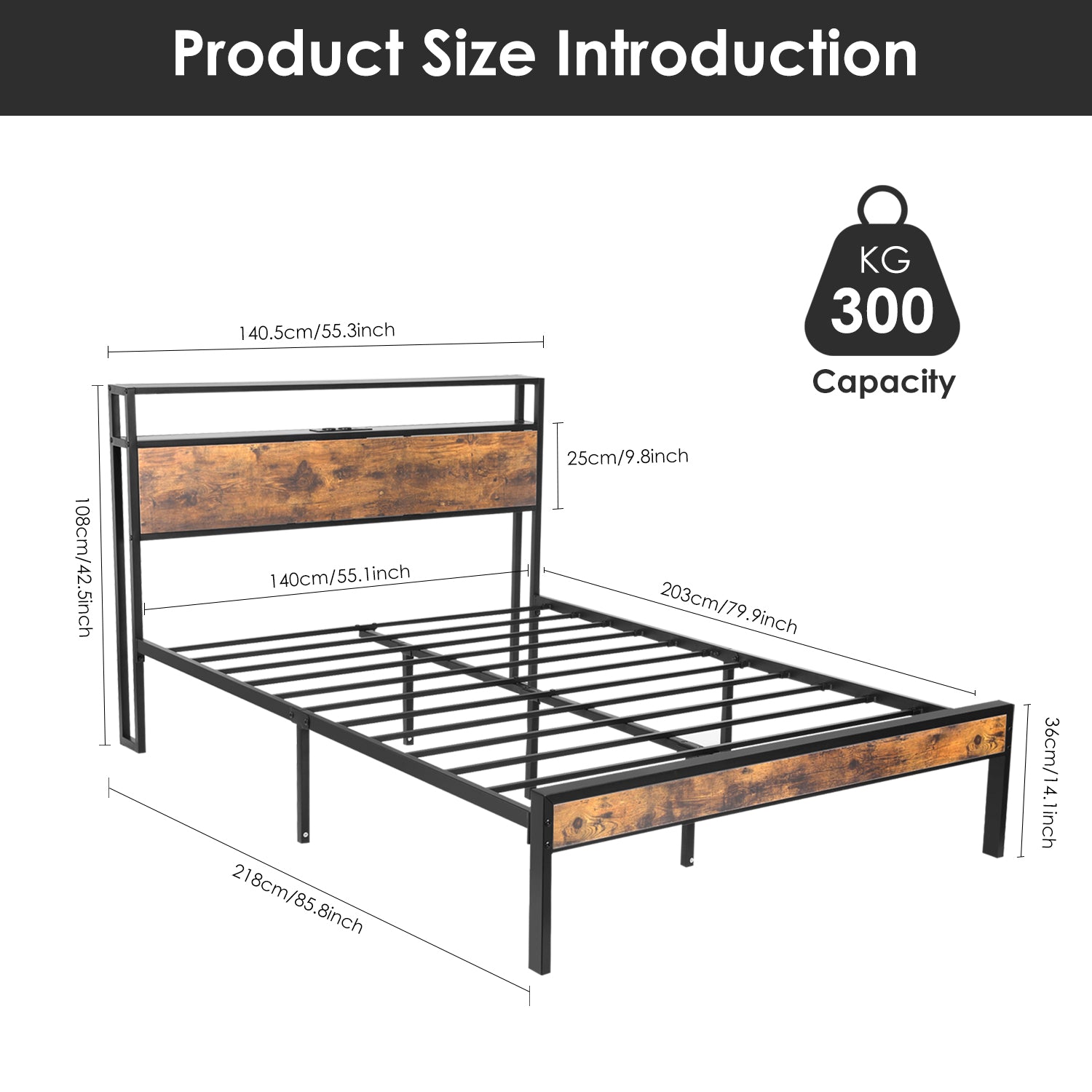 OYAJIA Double Bed Frame with Charging Station, 2-Tier Headboard and Under-Bed Storage