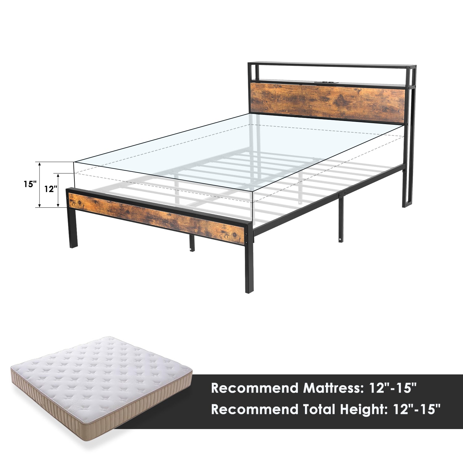 OYAJIA Double Bed Frame with Charging Station, 2-Tier Headboard and Under-Bed Storage