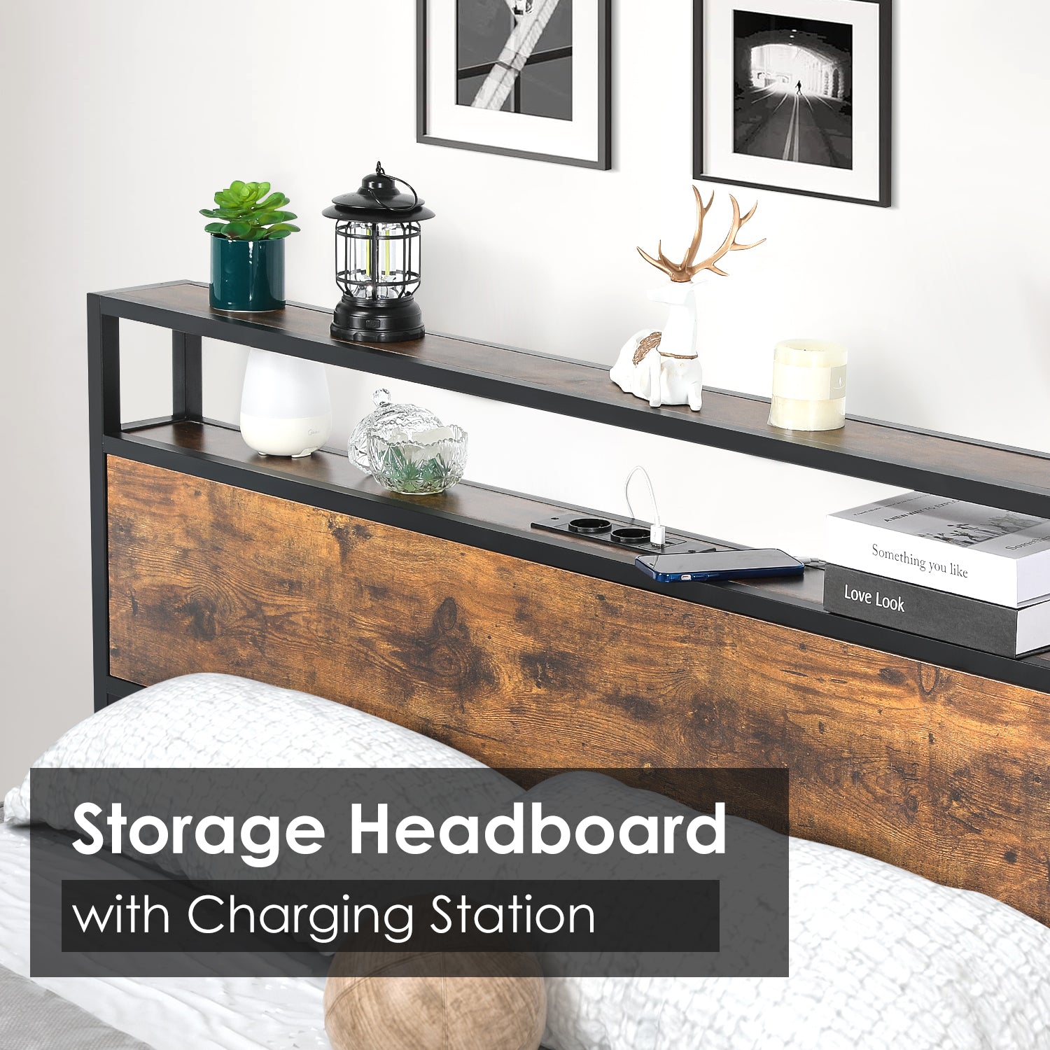 OYAJIA Double Bed Frame with Charging Station, 2-Tier Headboard and Under-Bed Storage