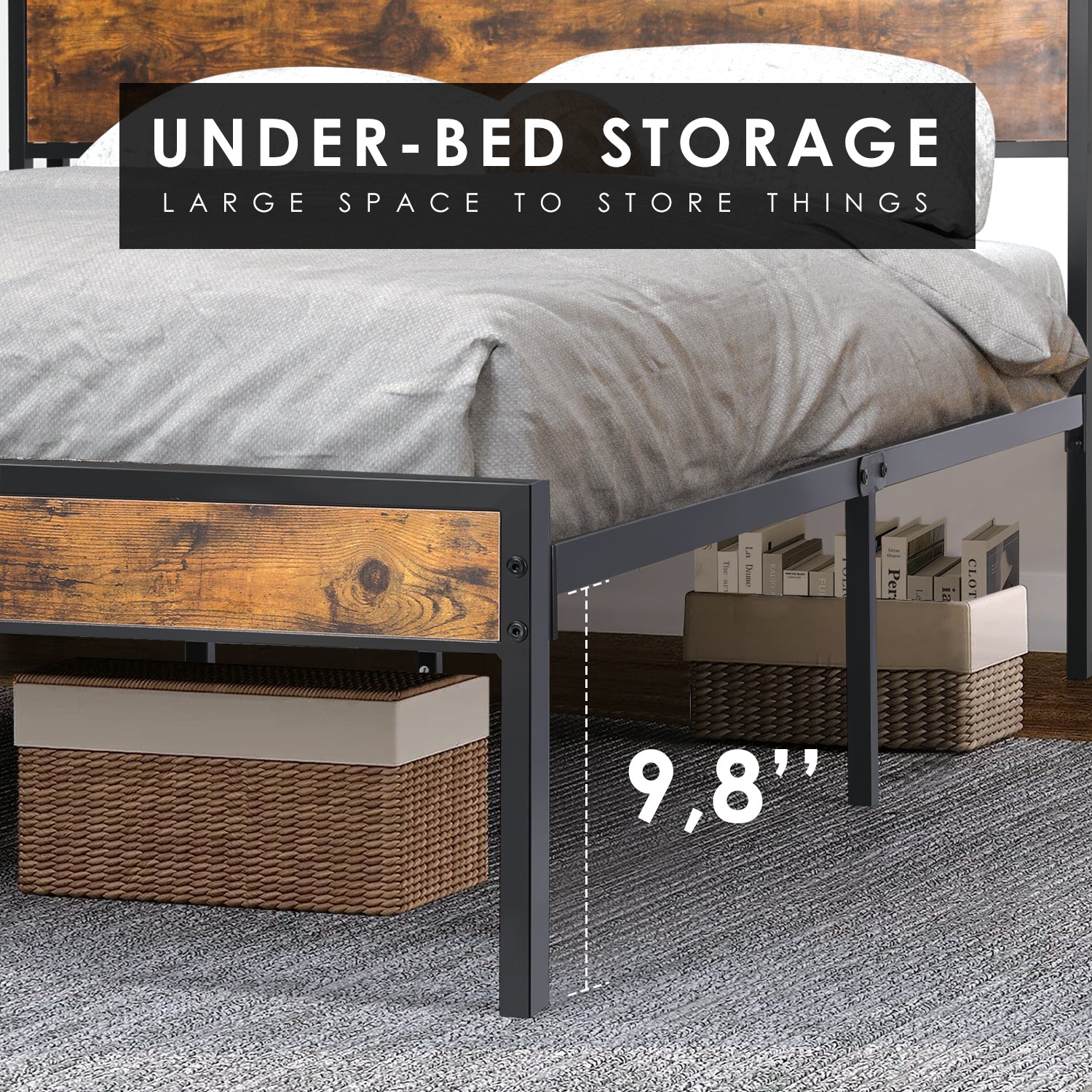 OYAJIA Double Bed Frame with Charging Station, 2-Tier Headboard and Under-Bed Storage