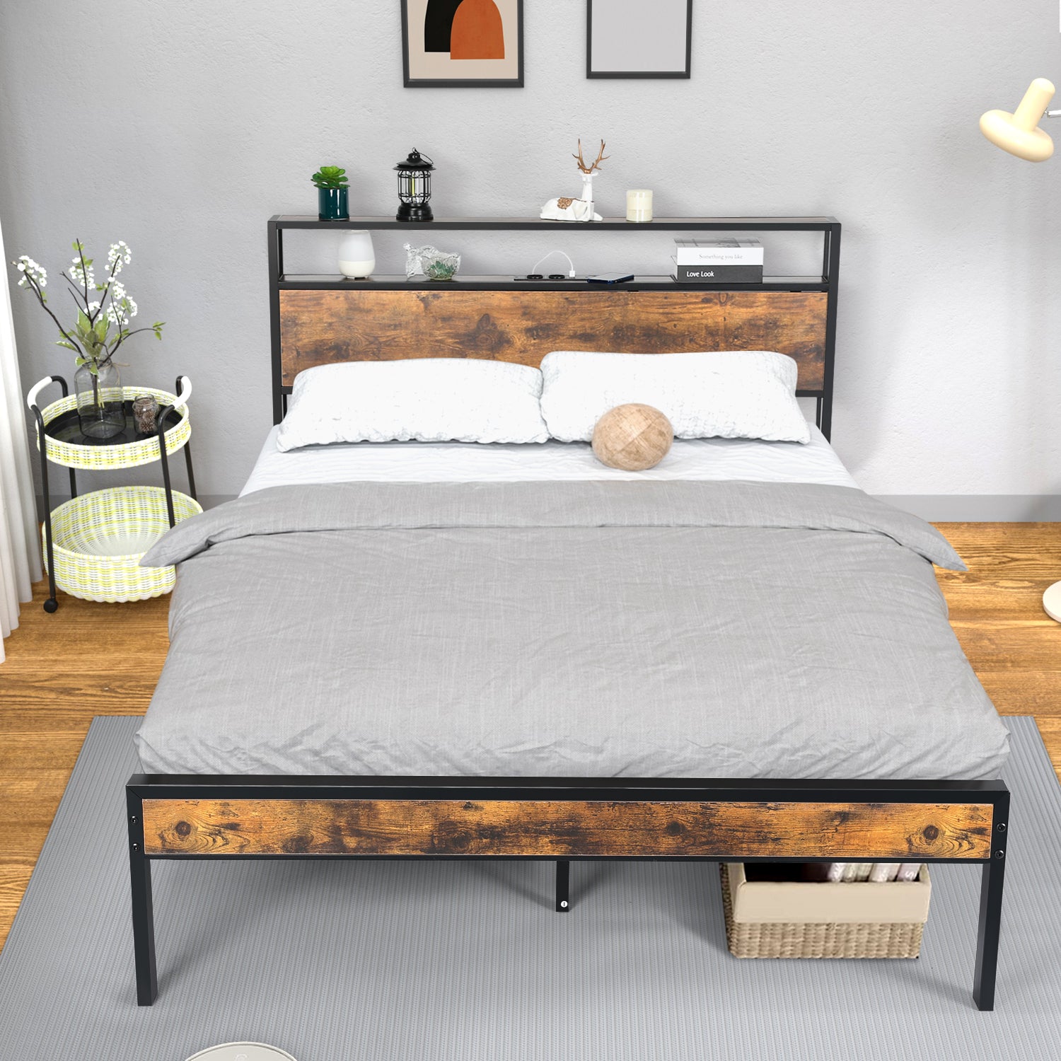 OYAJIA Double Bed Frame with Charging Station, 2-Tier Headboard and Under-Bed Storage