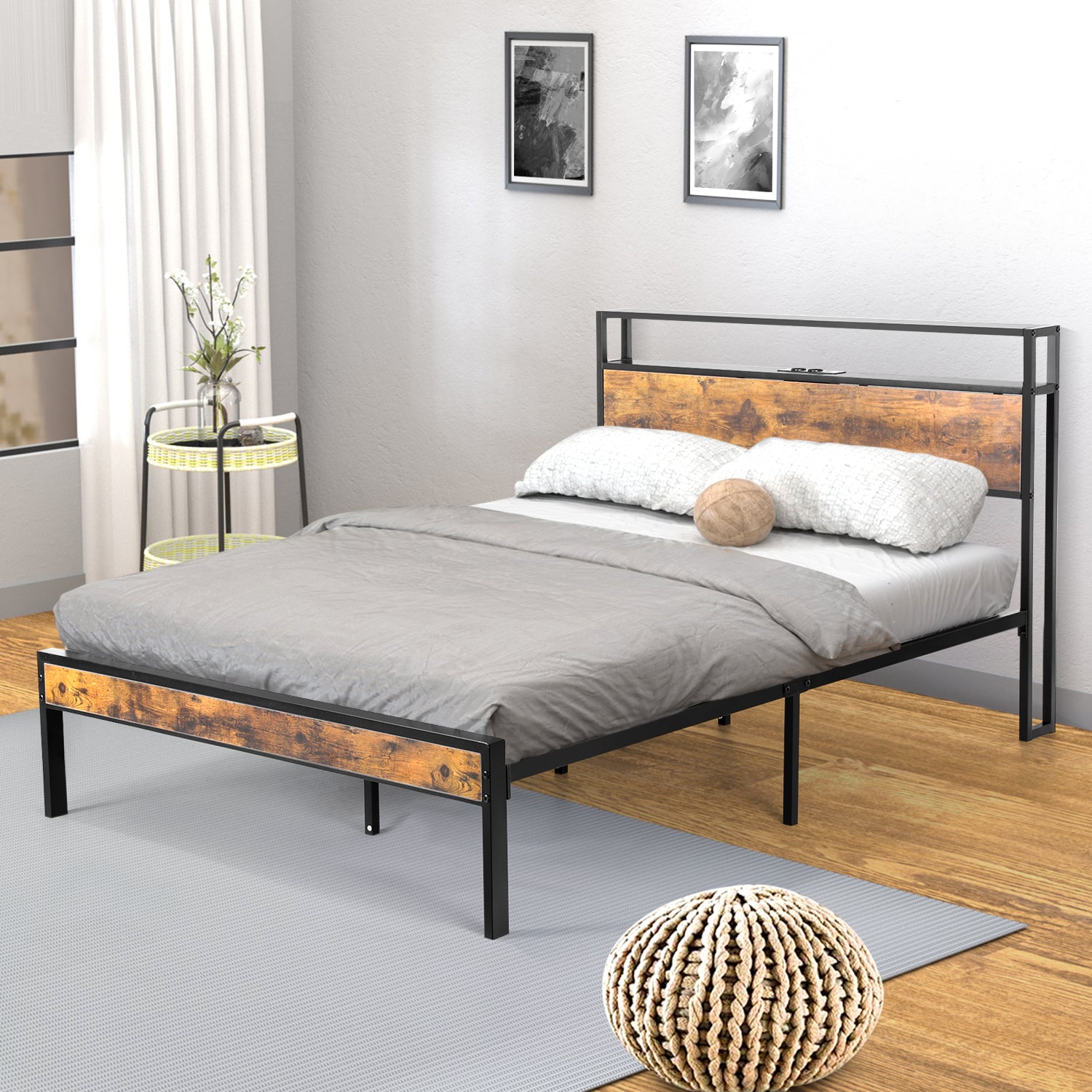 OYAJIA Double Bed Frame with Charging Station, 2-Tier Headboard and Under-Bed Storage