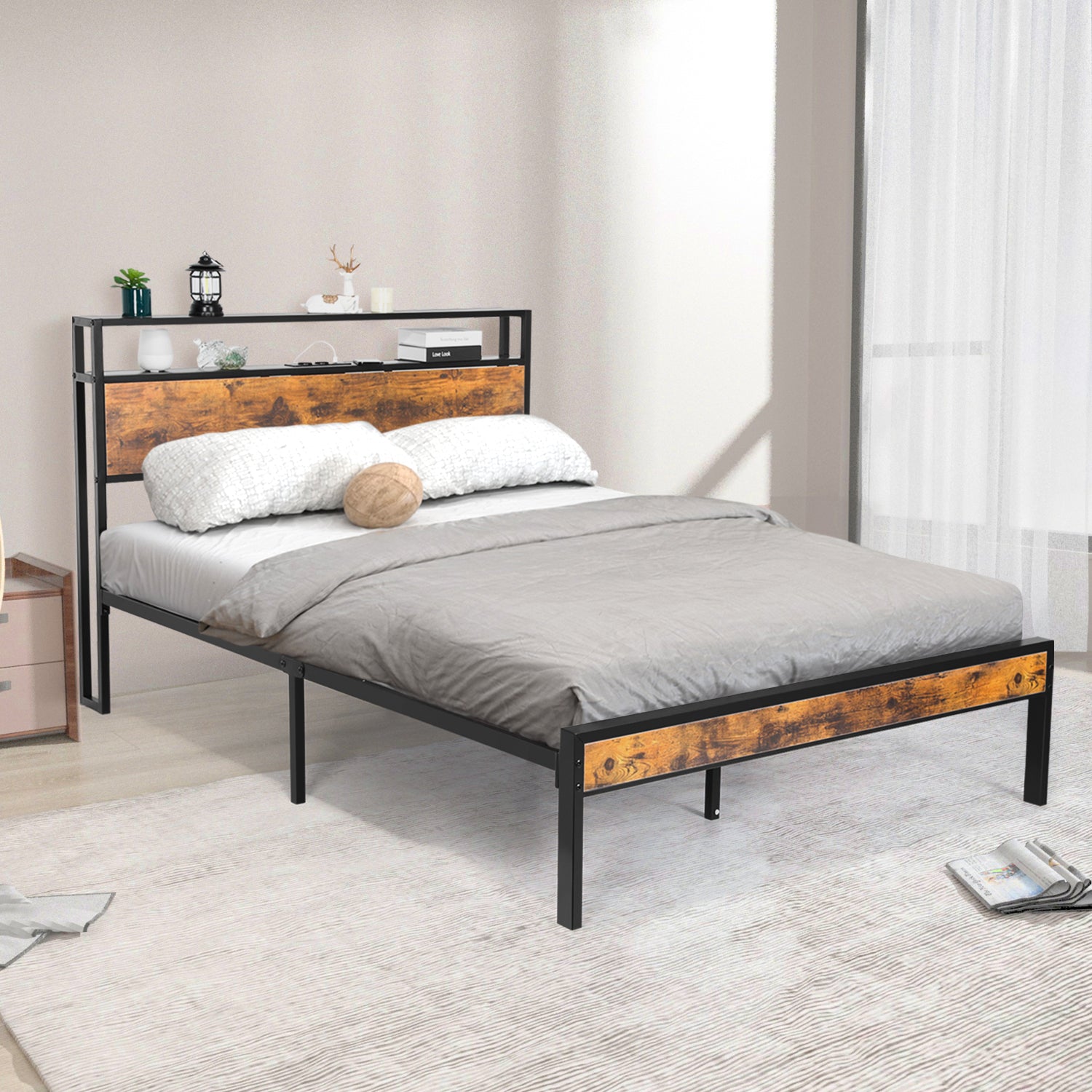 OYAJIA Double Bed Frame with Charging Station, 2-Tier Headboard and Under-Bed Storage