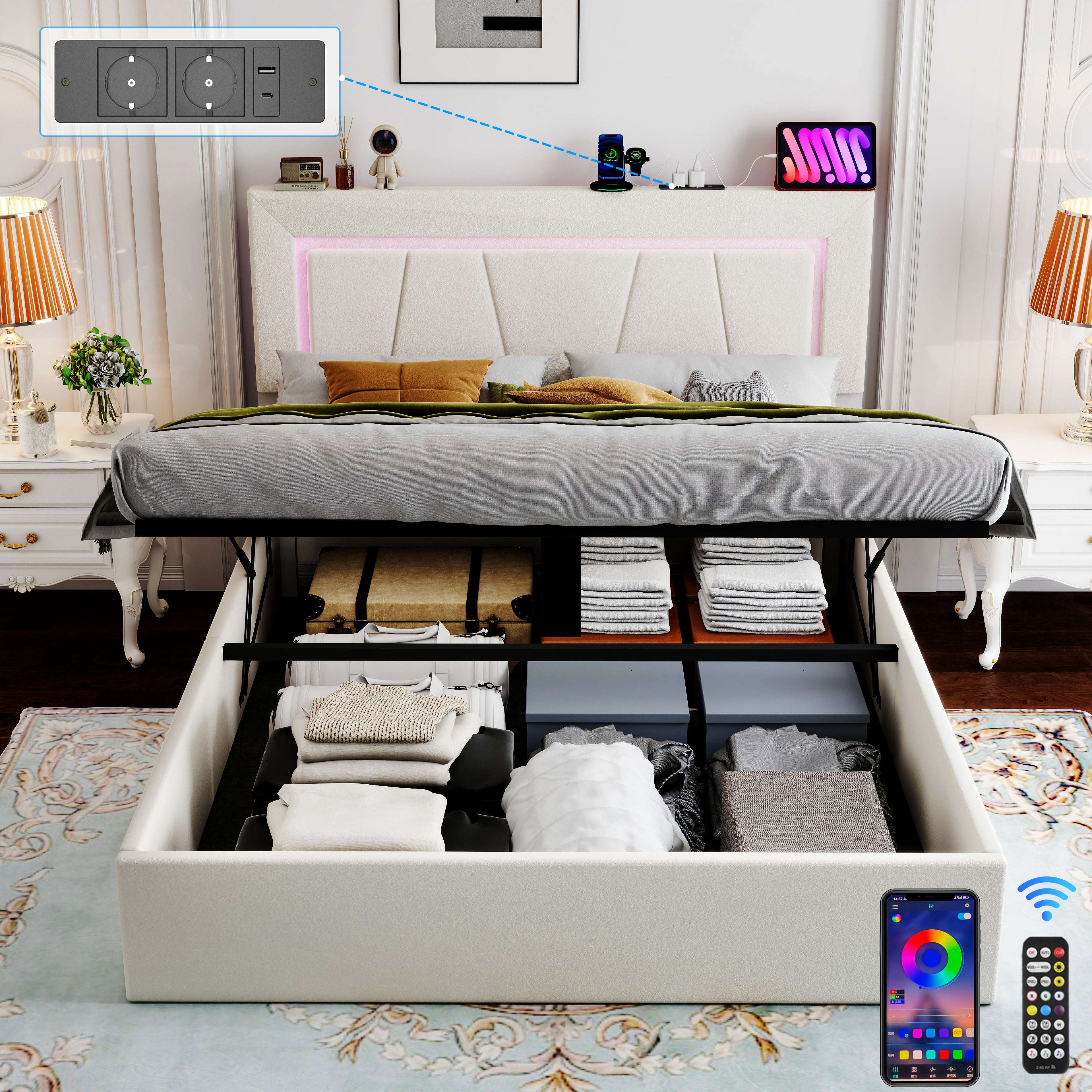 OYAJIA Storage Bed with RGB LED, Hydraulic Lift and Charging Station, PU Leather