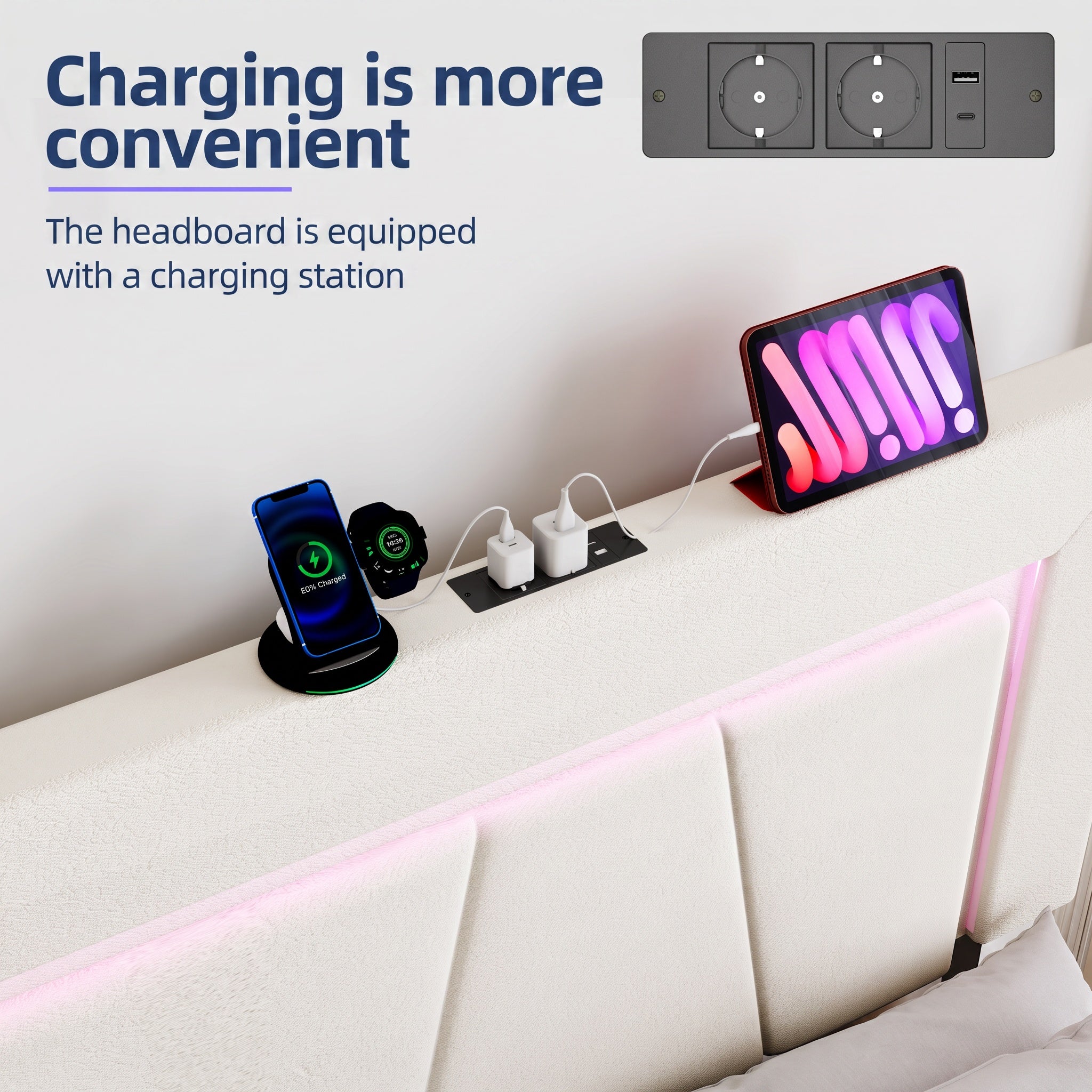 OYAJIA Storage Bed with RGB LED, Hydraulic Lift and Charging Station, PU Leather