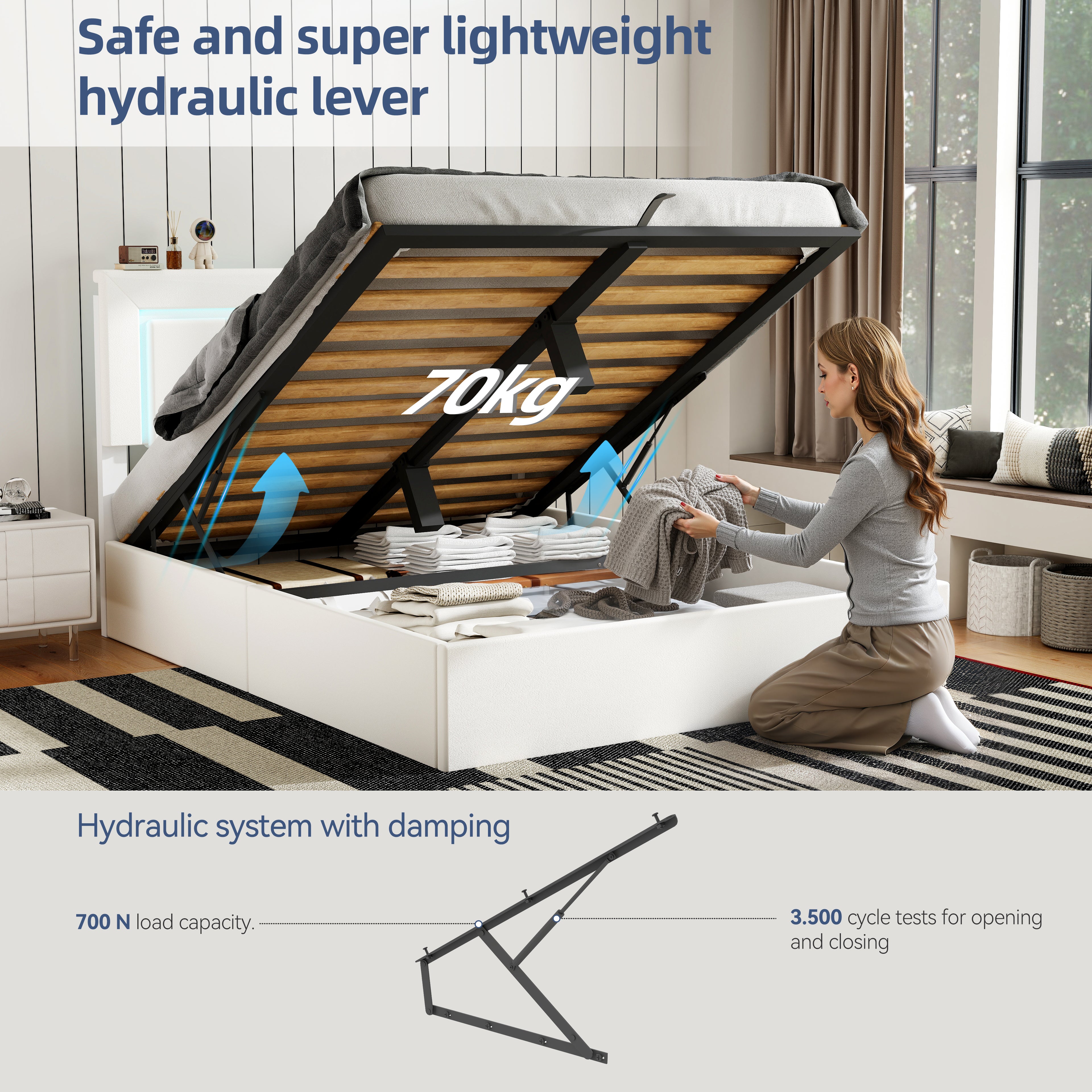 OYAJIA Storage Bed with RGB LED, Hydraulic Lift and Charging Station, PU Leather