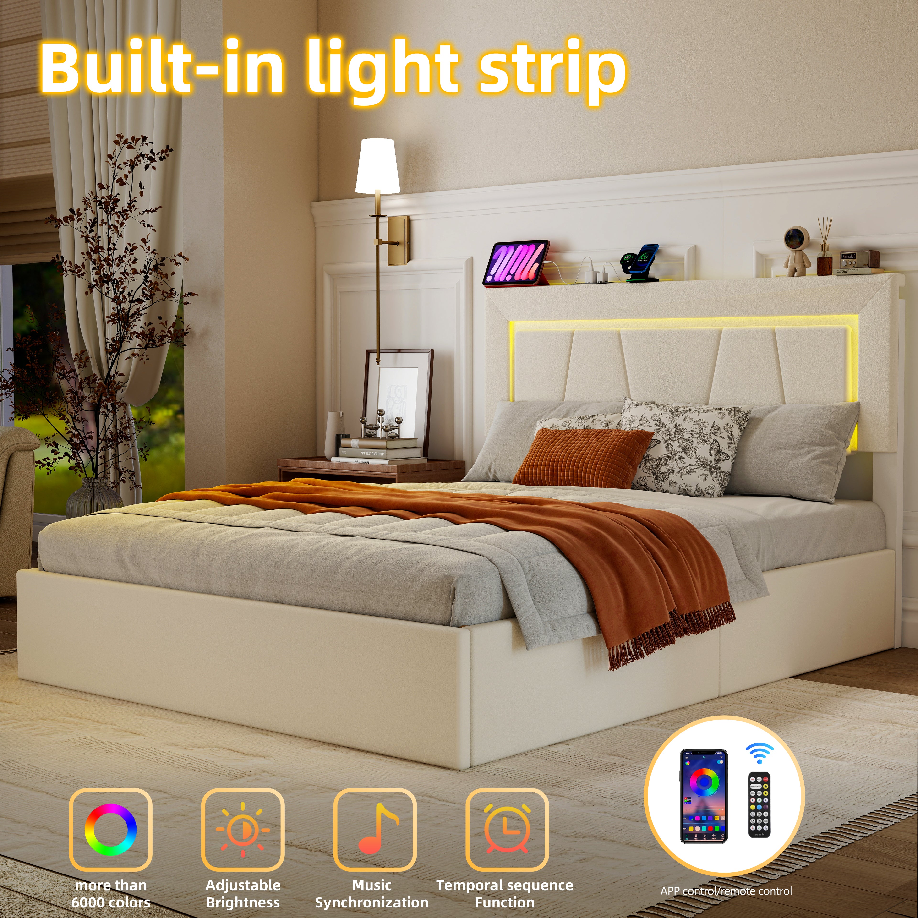 OYAJIA Storage Bed with RGB LED, Hydraulic Lift and Charging Station, PU Leather
