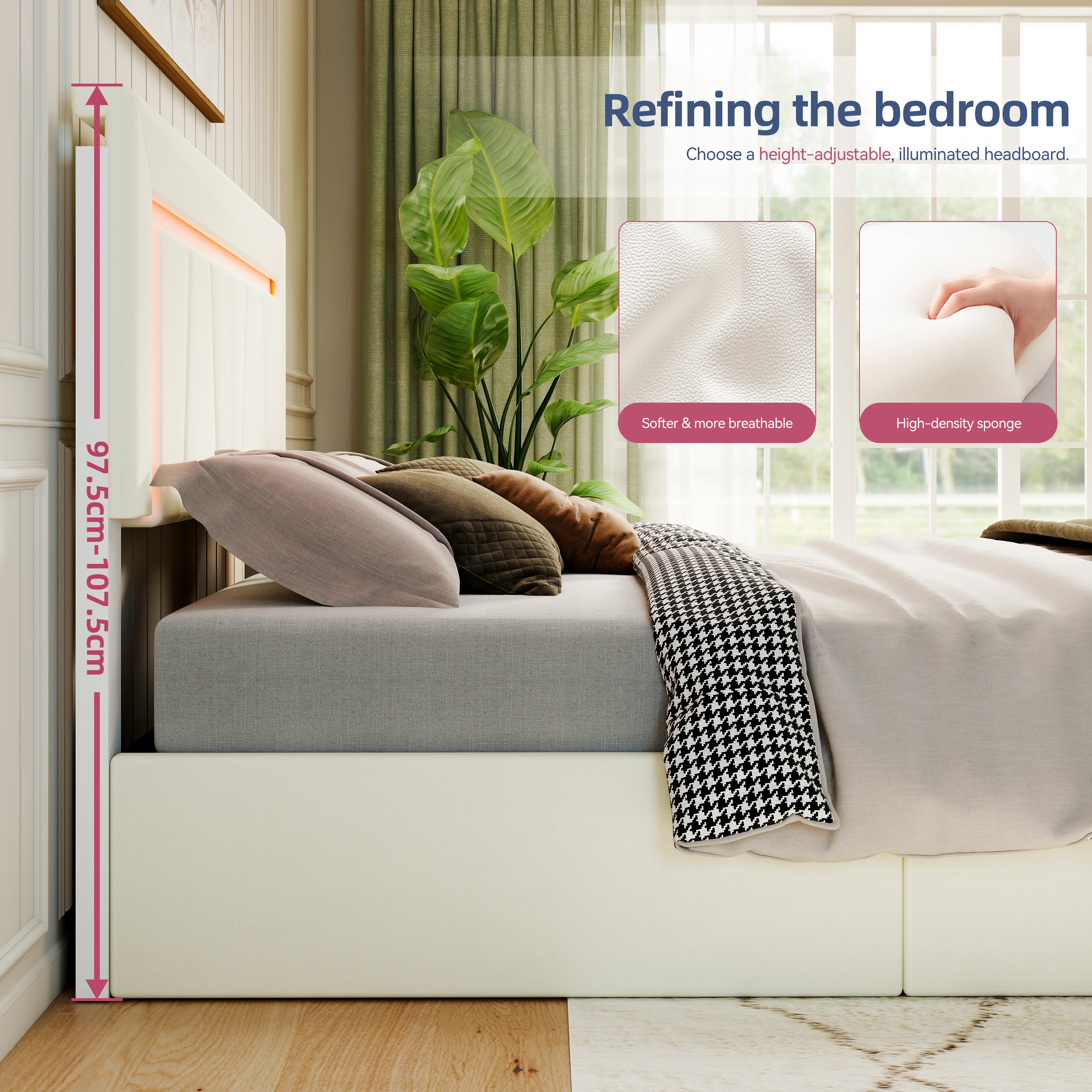 OYAJIA Storage Bed with RGB LED, Hydraulic Lift and Charging Station, PU Leather