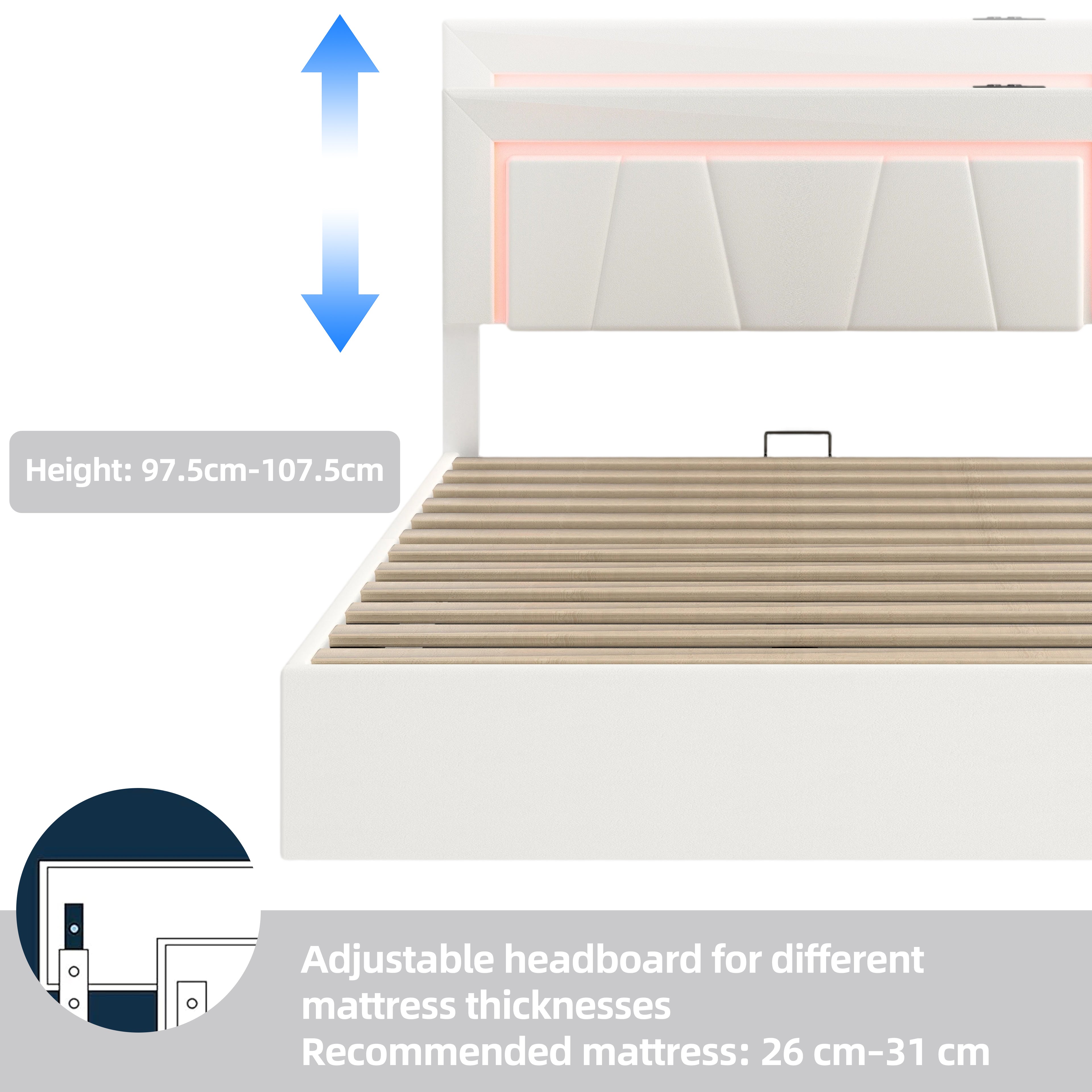 OYAJIA Storage Bed with RGB LED, Hydraulic Lift and Charging Station, PU Leather