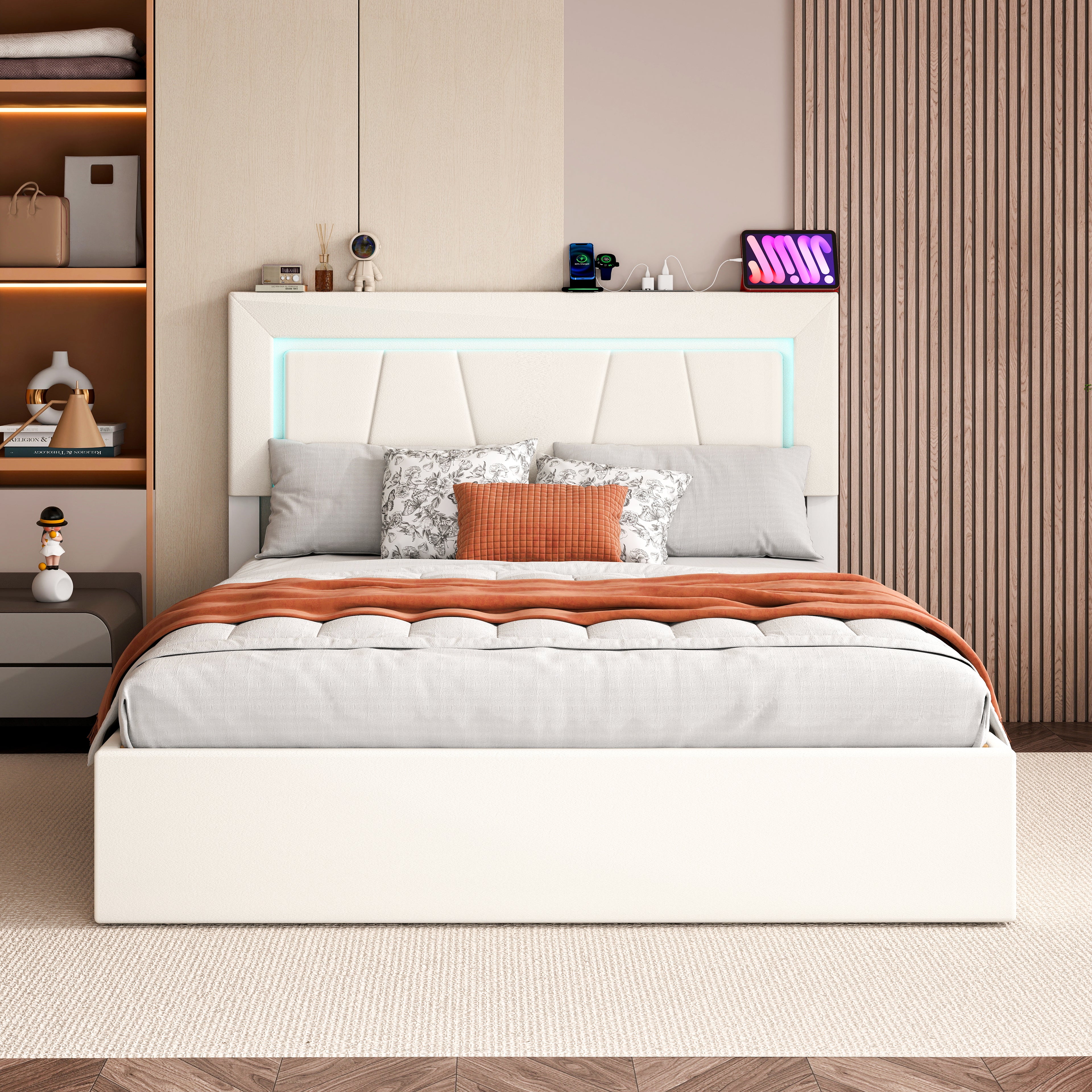 OYAJIA Storage Bed with RGB LED, Hydraulic Lift and Charging Station, PU Leather