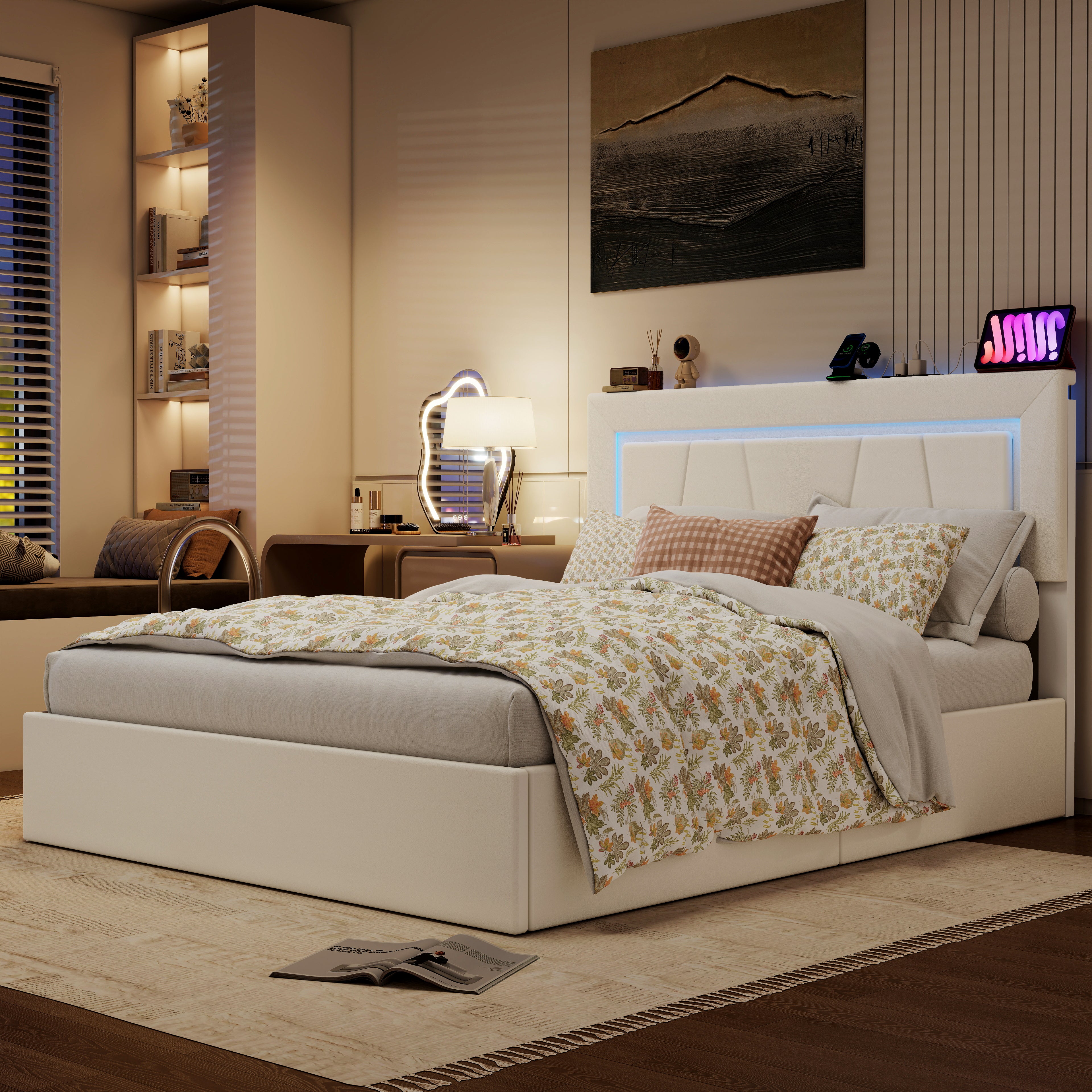 OYAJIA Storage Bed with RGB LED, Hydraulic Lift and Charging Station, PU Leather